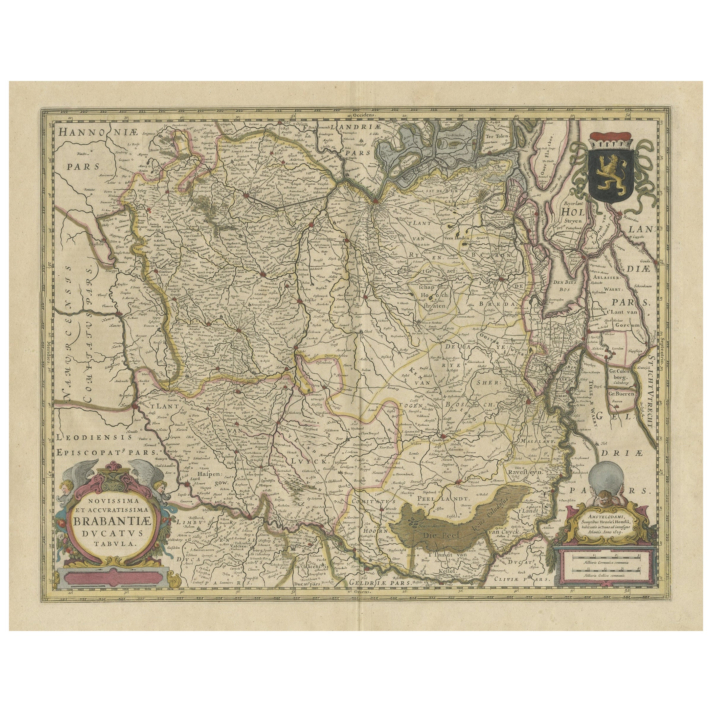 Mapa antiguo de Brabante, Países Bajos, con coloreado a mano original