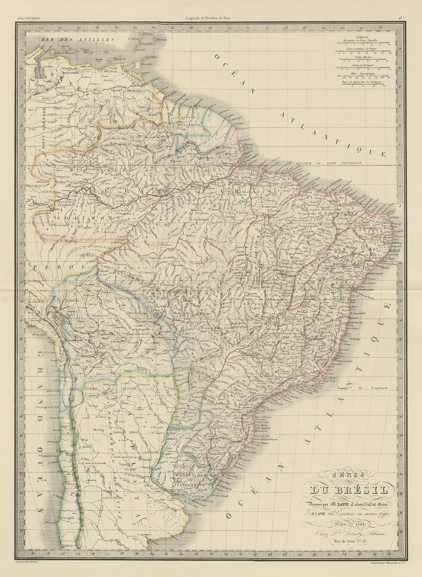 Antique map titled 'Carte du Brésil'. Map of Brazil, South America. This map originates from 'Atlas universel de géographie ancienne et moderne (..)' by Pierre M. Lapie and Alexandre E. Lapie. Pierre M. Lapie was a French cartographer and engraver.