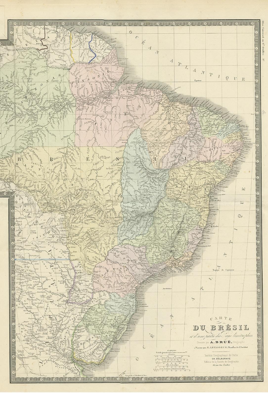Antique map titled 'Carte du Brésil'. Large map of Brazil, with small fold out. This map originates from 'Atlas de Géographie Moderne Physique et Politique' by A. Levasseur. Published 1875.