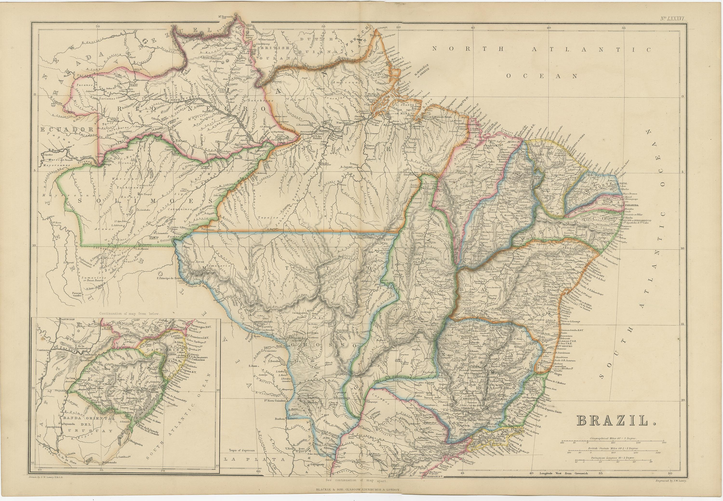 Antique map titled 'Brazil'. Original antique map of Brazil. This map originates from ‘The Imperial Atlas of Modern Geography’. Published by W. G. Blackie, 1859.