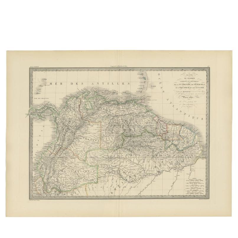 Antique Map of Brazil, Ecuador, Colombia and Venezuela by Lapie, 1842 For Sale