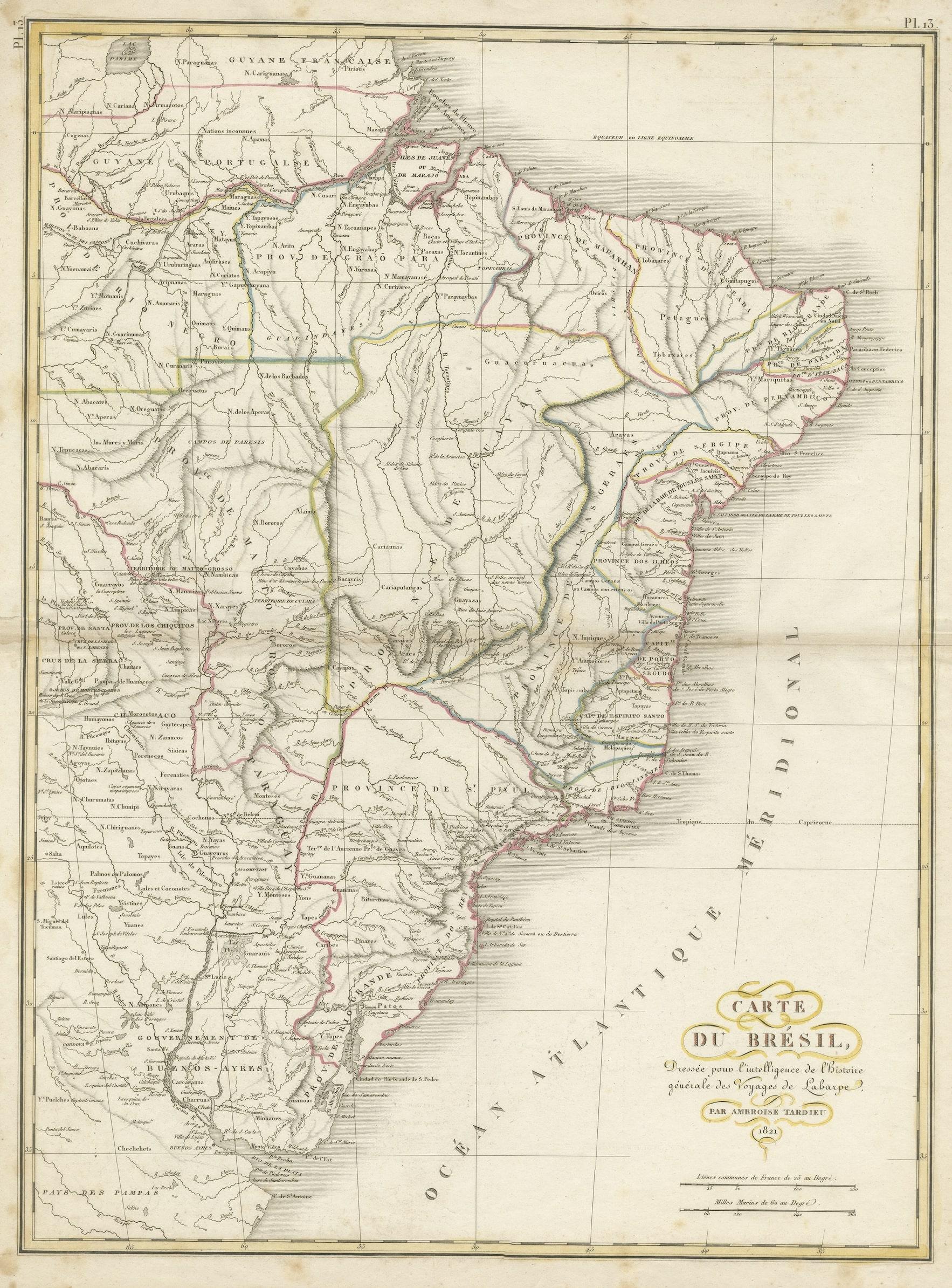 Antique map titled 'Carte du Brésil'. ?Beautiful map of Brazil extending south to the mouth of the Rio de la Plata and Buenos-Aires in Argentina. Published by Tardieu, 1821. 

Pierre Antoine Tardieu (1784-1869), also known to sign his works as PF