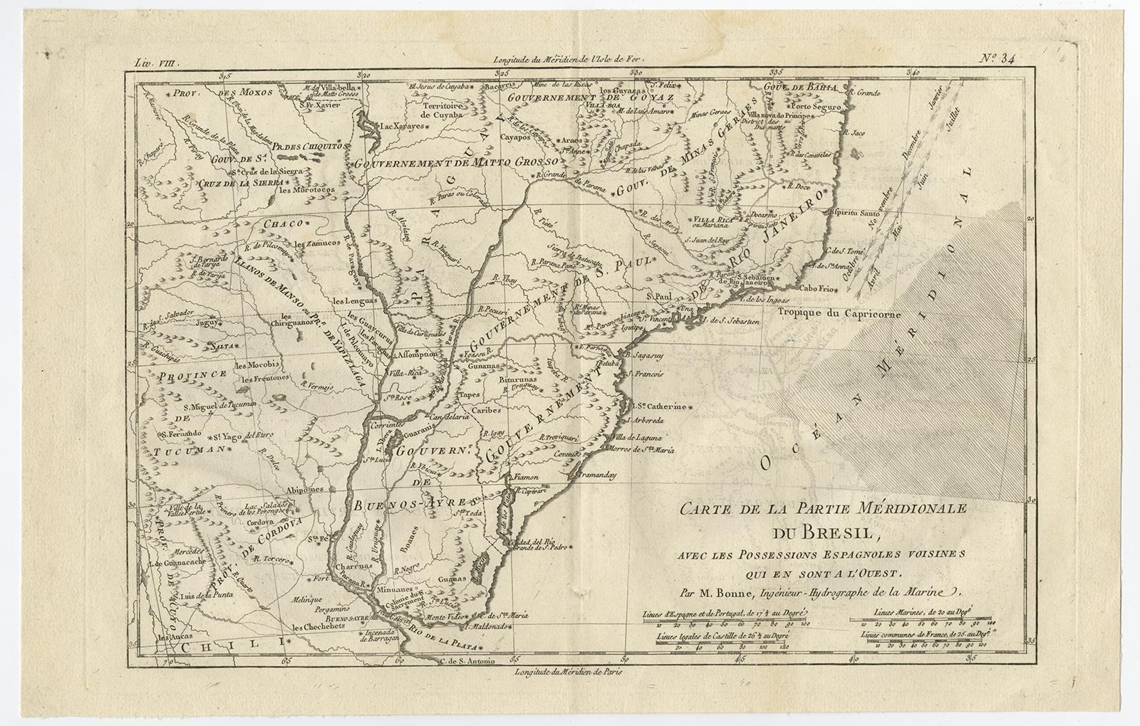Antique map titled 'Carte de la Partie Méridionale du Bresil (..)'. This antique map of Brazil depicts southern Brazil, Uruguay, and northern Argentina, including Rio de Janeiro, Montevideo, and Buenos Aires. Published by R. Bonne. 

Artists and