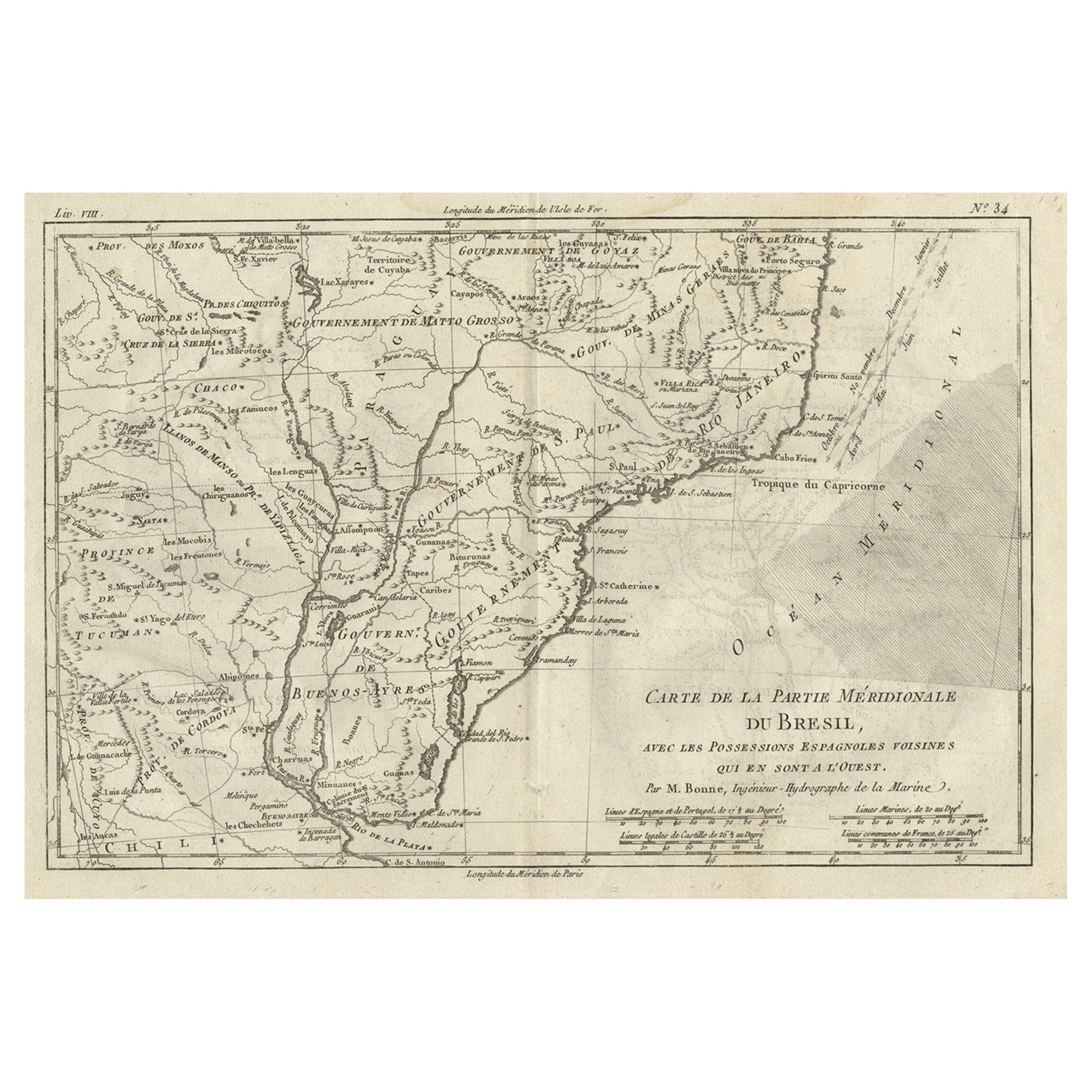 Antiguo Mapa de Brasil del Sur de Brasil, Uruguay y Norte de Argentina, c1780