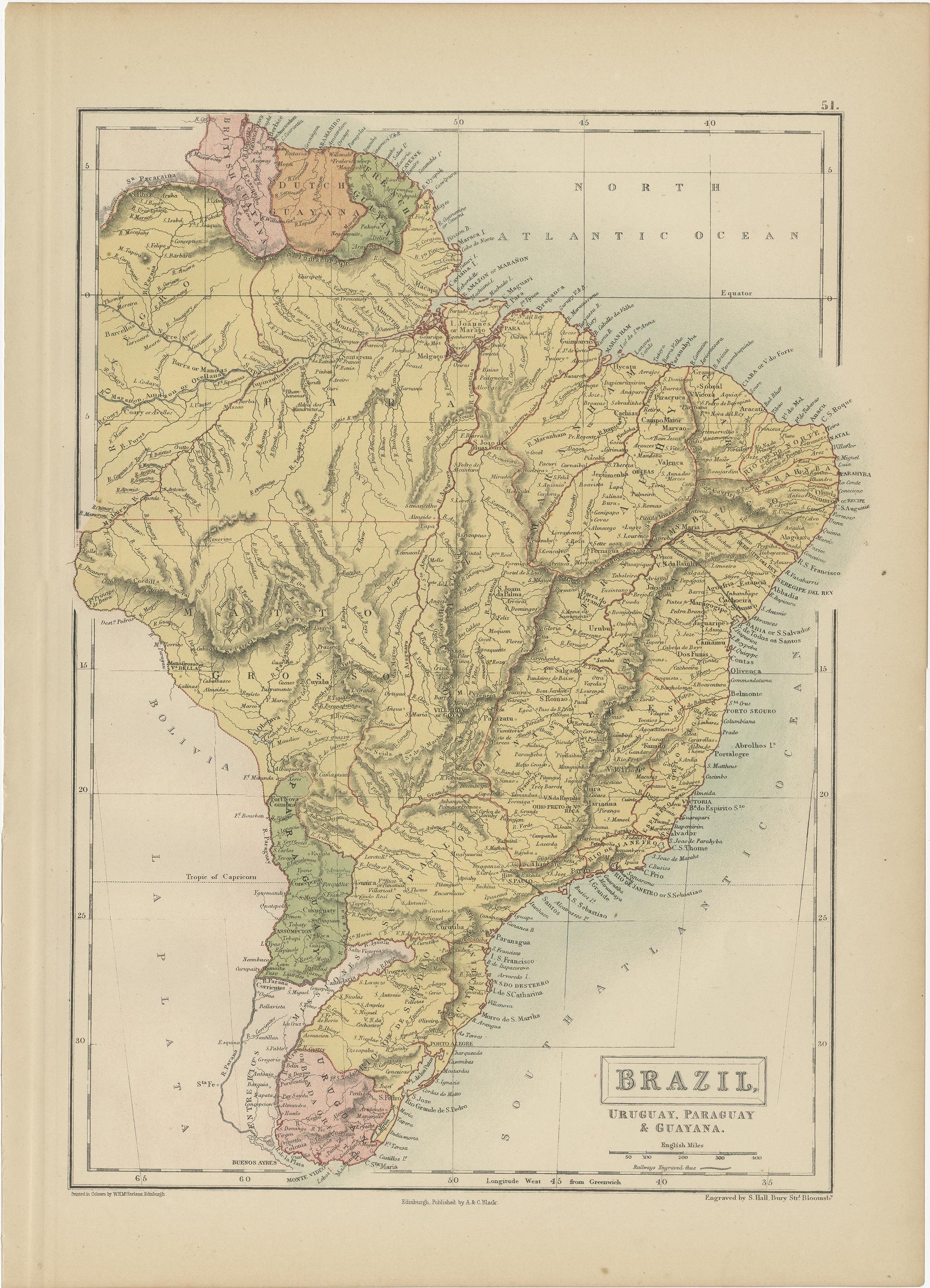Antique map titled 'Brazil'. Original antique map of Brazil, Uruguay, Paraguay and Guyana. This map originates from ‘Black's General Atlas of The World’. Published by A & C. Black, 1870.