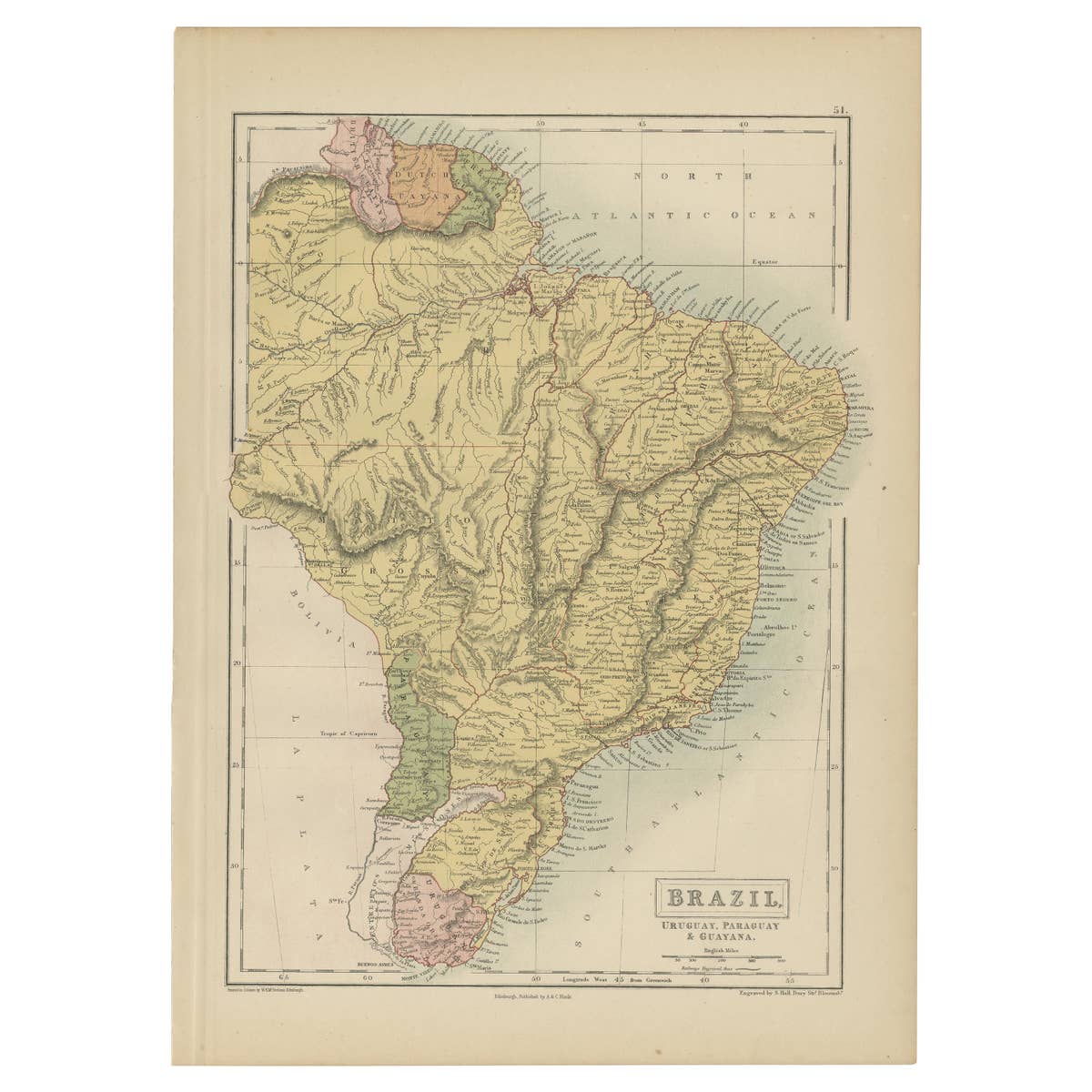 Antique Map of Brazil, Uruguay, Paraguay and Guyana by A & C. Black, 1870