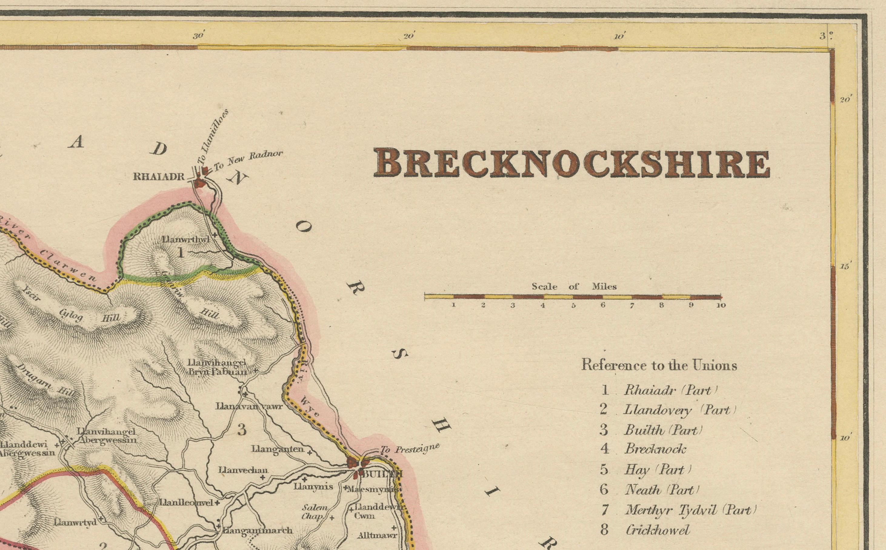 Gravé Carte ancienne du Brecknockshire, Pays de Galles par Wales and Wales, c.1831-1840 en vente