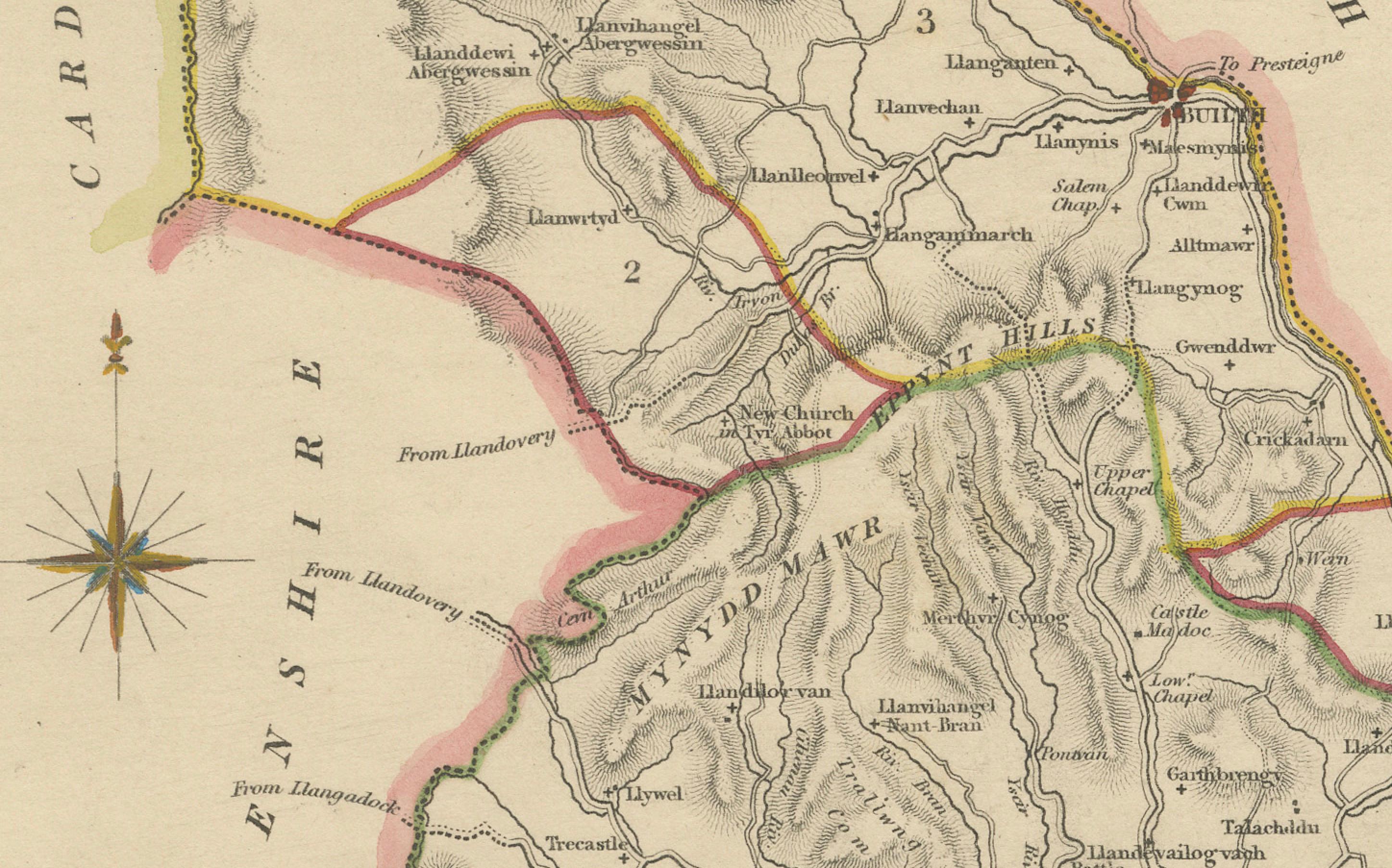Carte ancienne du Brecknockshire, Pays de Galles par Wales and Wales, c.1831-1840 Bon état - En vente à Langweer, NL