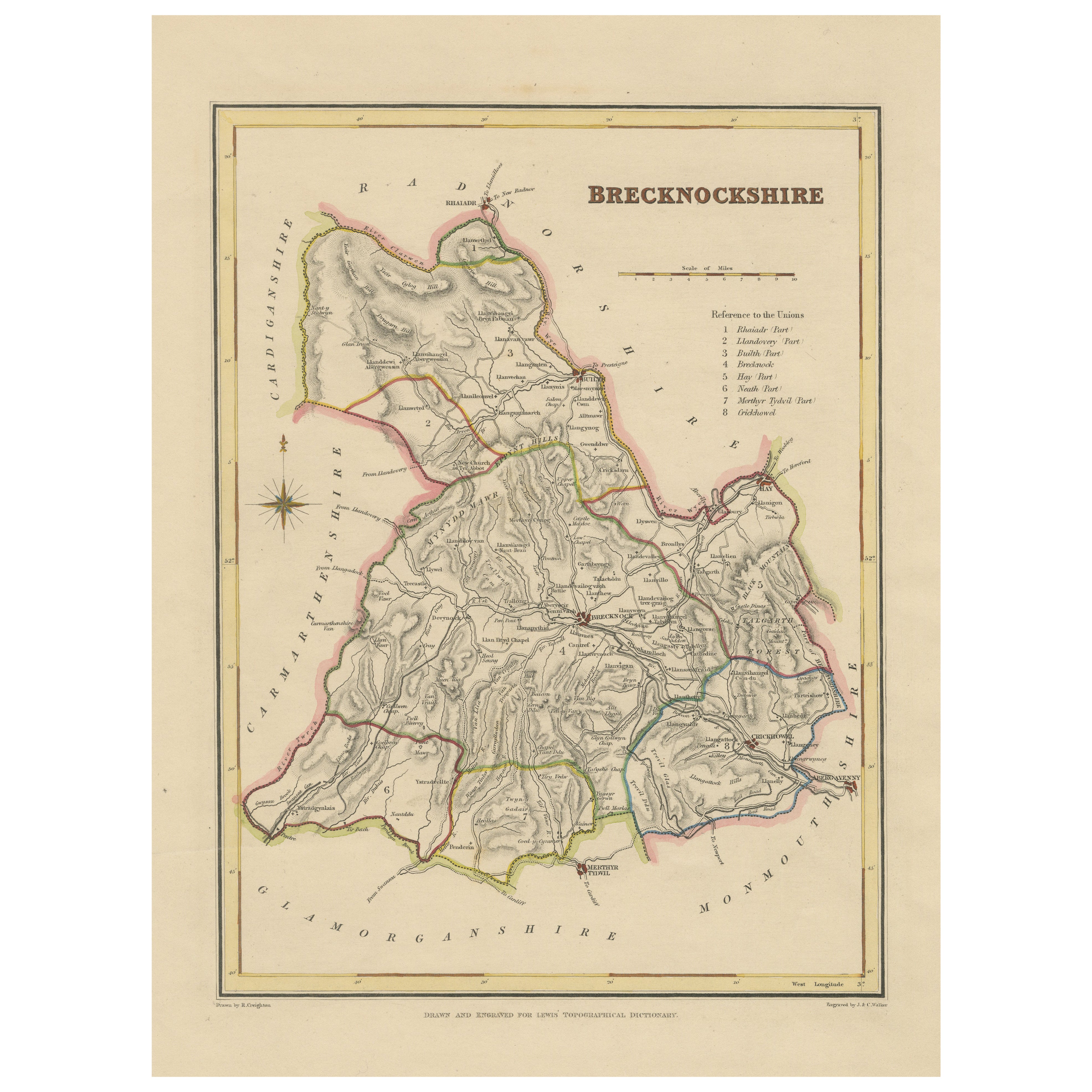 Carte ancienne du Brecknockshire, Pays de Galles par Wales and Wales, c.1831-1840