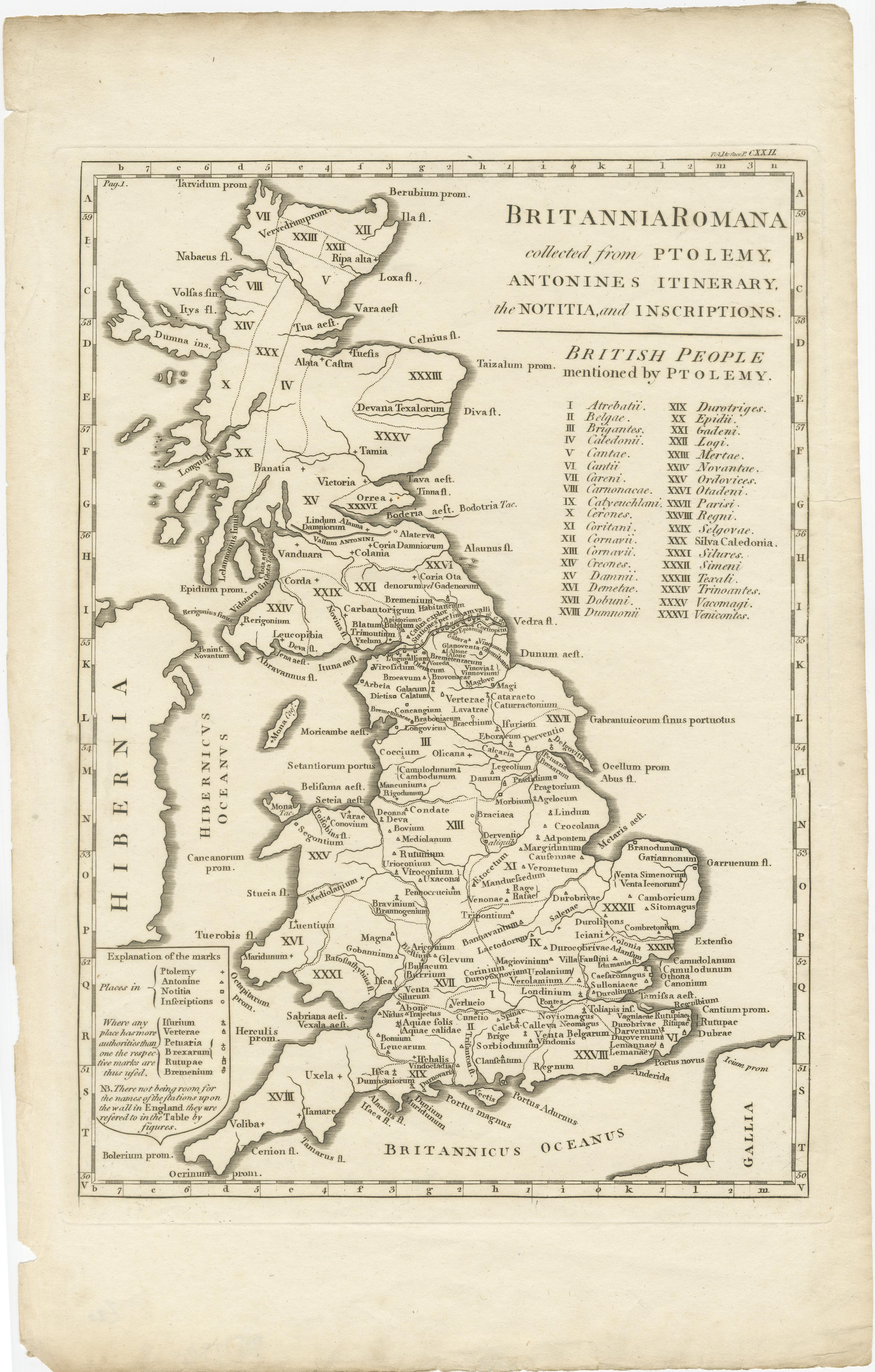 Antike Karte mit dem Titel 'Britannia Romana gesammelt von Ptolemäus (..)'. Karte von Britannien zur Zeit der Römer, die aus verschiedenen Quellen stammt, darunter die Werke von Ptolemäus und das Itinerarium des Kaisers Antoninus, ein Verzeichnis