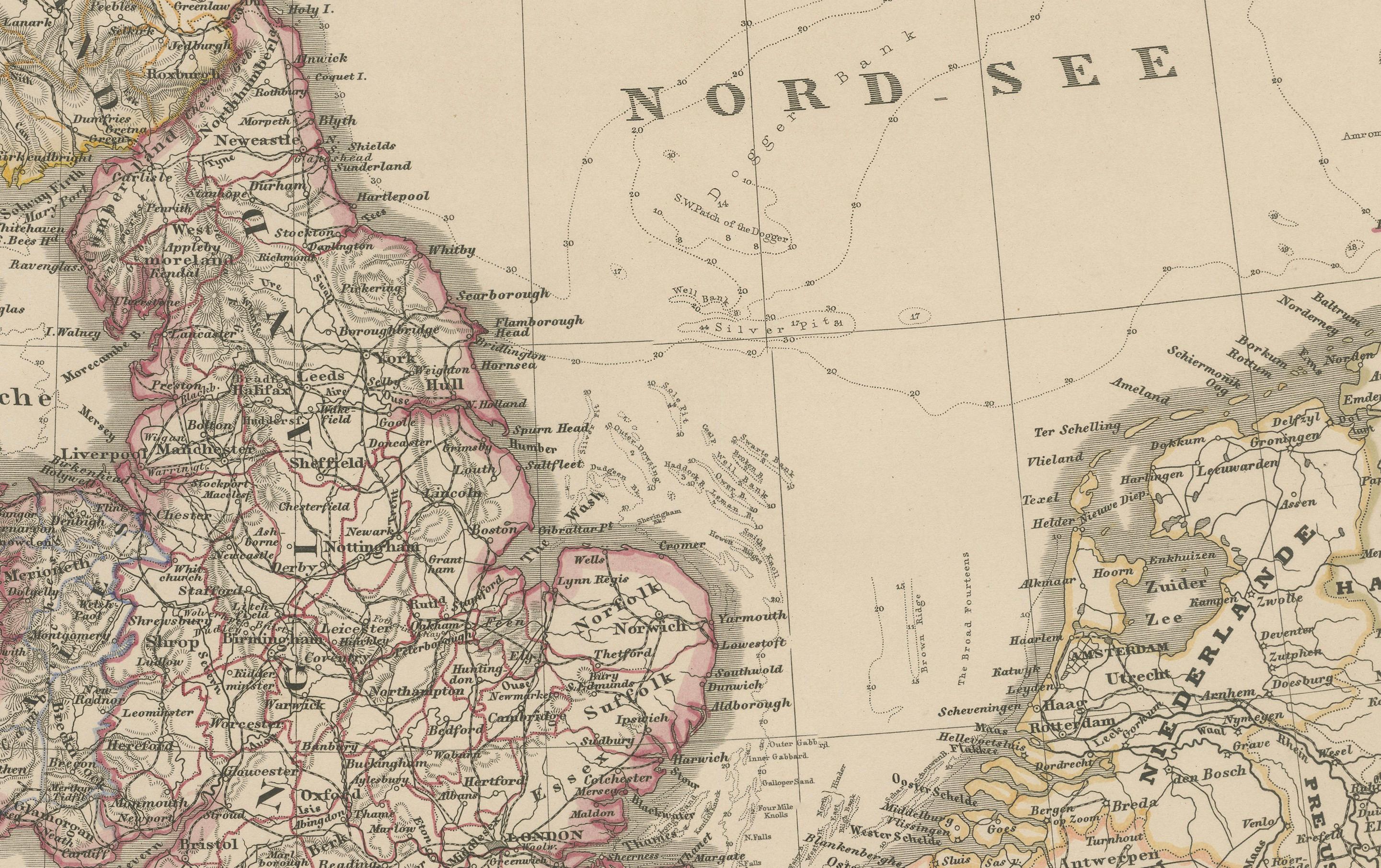 Mapa antiguo de Gran Bretaña e Irlanda con detalle del Mar del Norte - 1856 Stülpnagel Alemán en venta