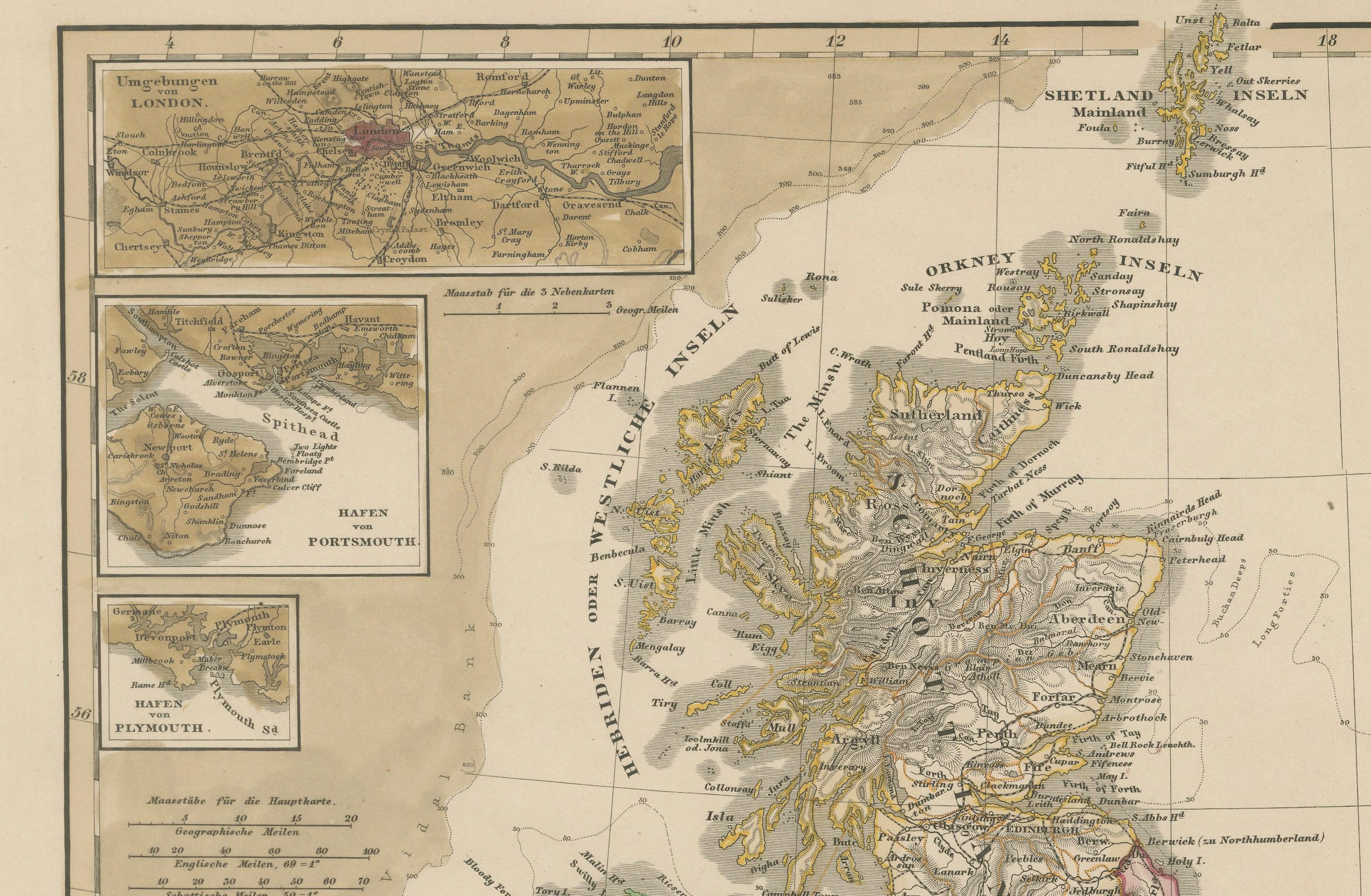 Mapa antiguo de Gran Bretaña e Irlanda con detalle del Mar del Norte - 1856 Stülpnagel en Bueno estado para la venta en Langweer, NL