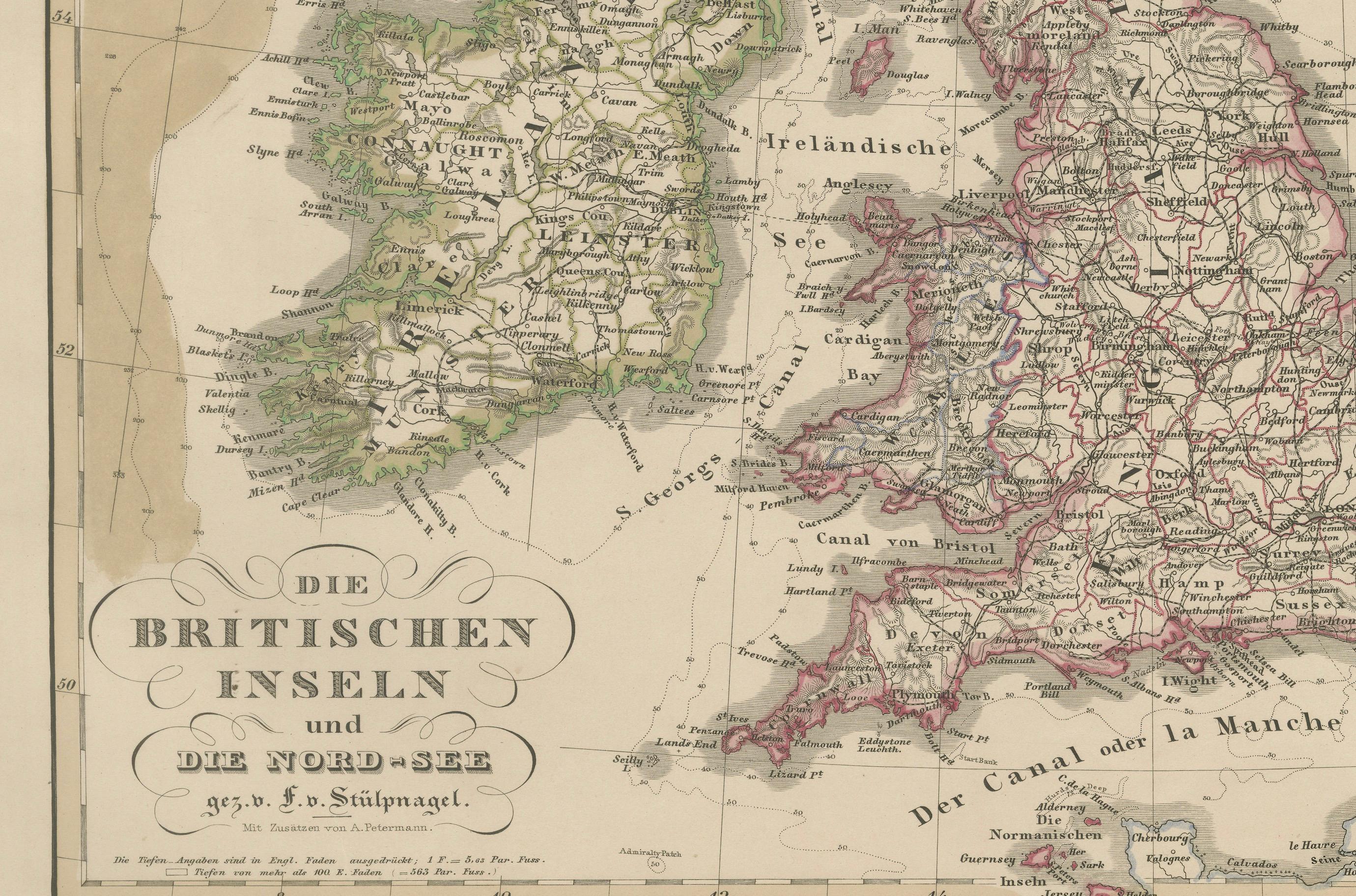 Mapa antiguo de Gran Bretaña e Irlanda con detalle del Mar del Norte - 1856 Stülpnagel siglo XIX en venta