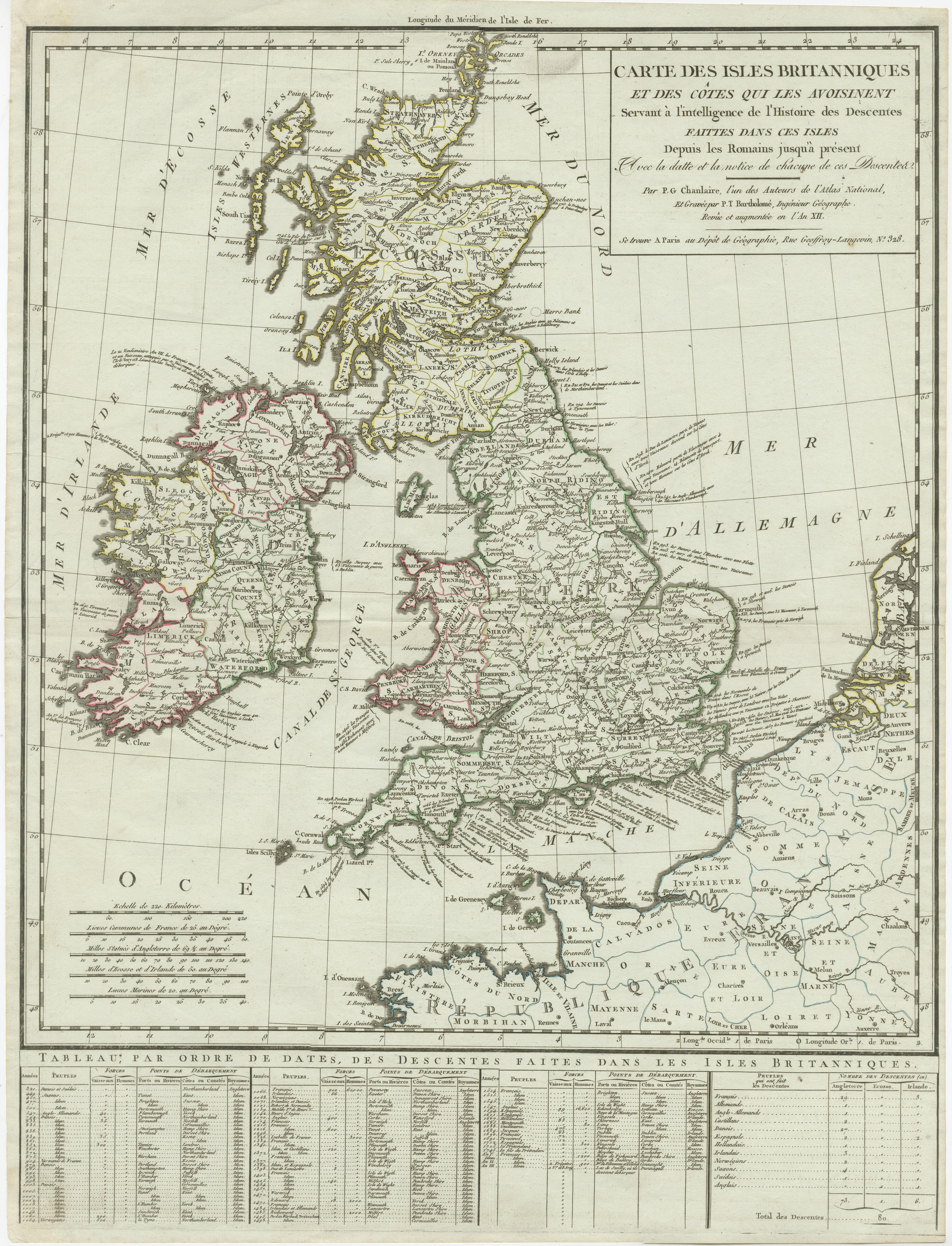 Antique map titled 'Carte des Isles Britanniques et des Côtes qui les Avoisinent (..)'. Original old map of the British Isles with outline hand coloring. Published by P.G. Chanlaire and engraved by P.P. Bartholomé, published circa 1804.