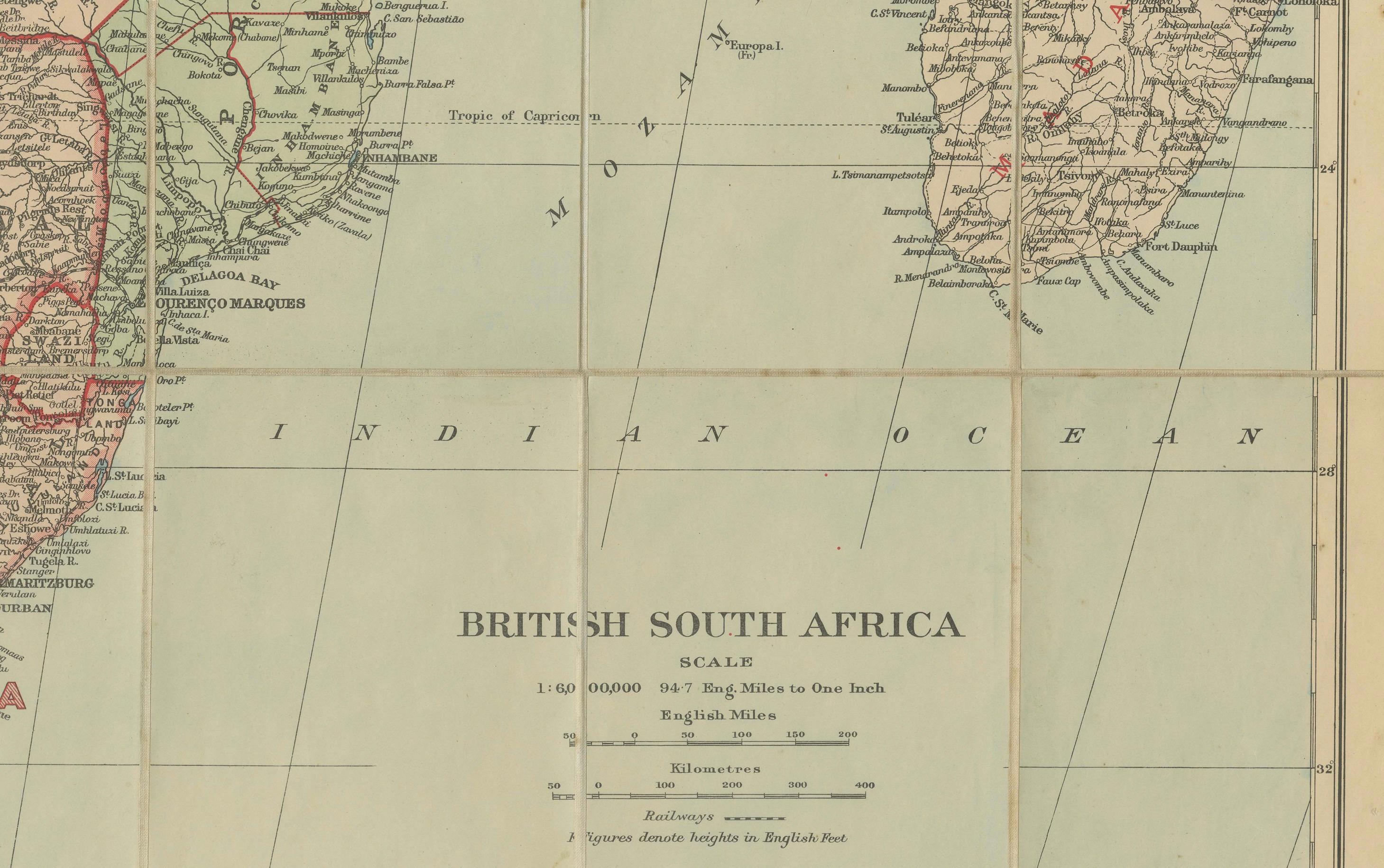 Mapa antiguo de Sudáfrica Británica - Territorios Coloniales y Ferrocarriles, c.1920s

Este mapa plegable, grande y detallado, representa la Sudáfrica británica de principios del siglo XX, mostrando la extensión de los territorios coloniales y