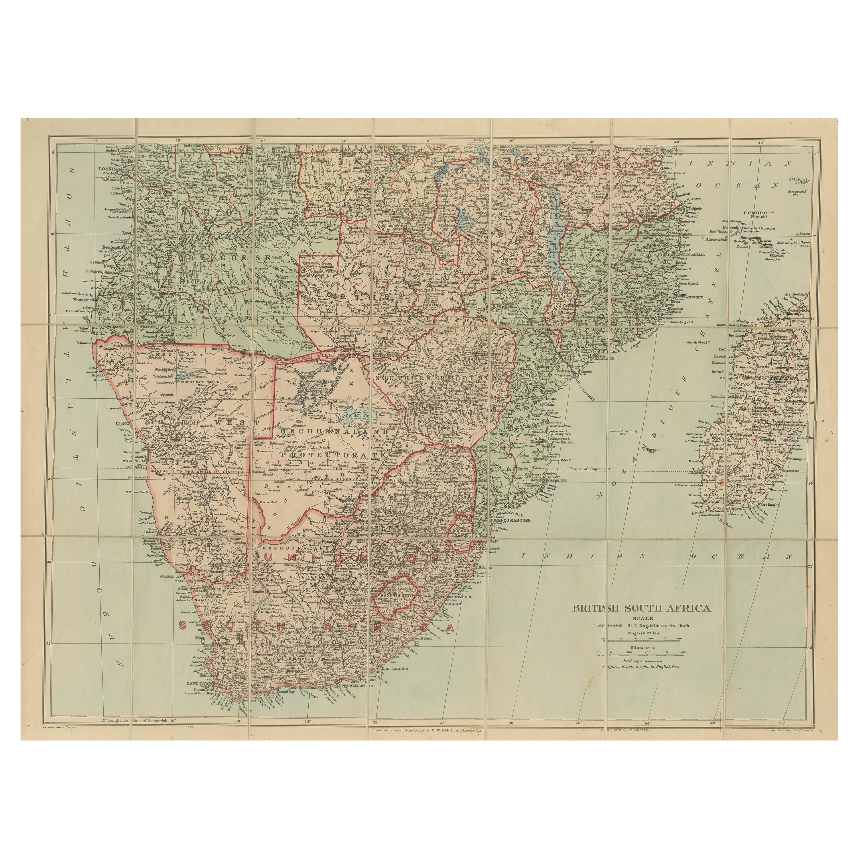 Mapa antiguo de Sudáfrica Británica - Territorios Coloniales y Ferrocarriles, c.1920s en venta