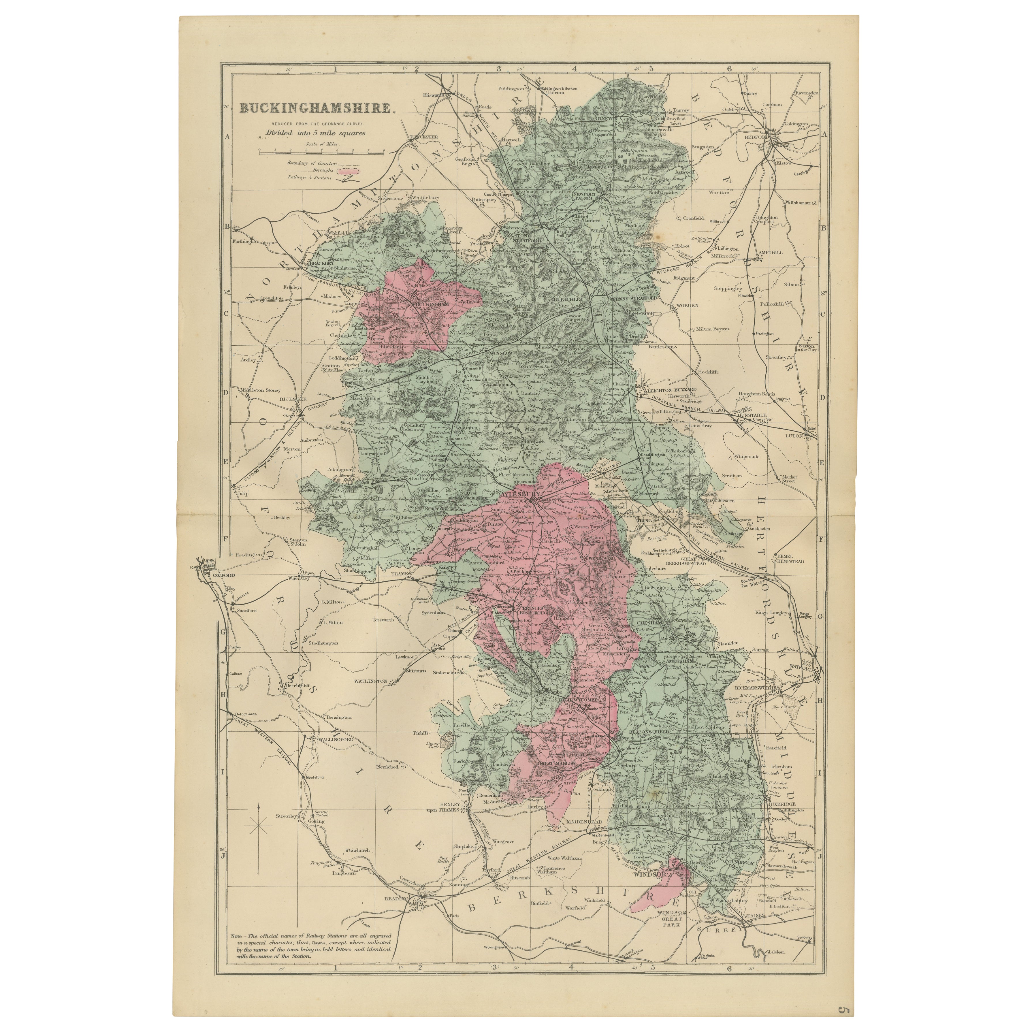 Carte ancienne du Buckinghamshire, 1885 - Chemins de fer victoriens et détails du comté