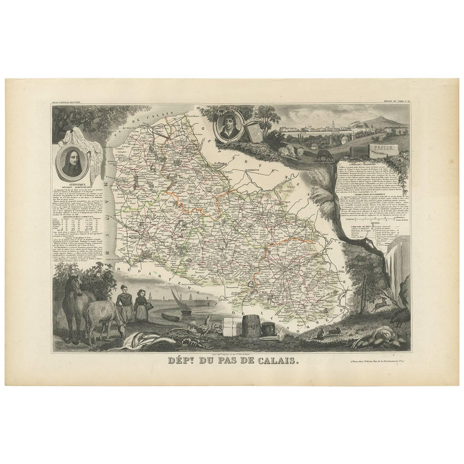 Antique Map of Calais ‘France’ by V. Levasseur, 1854