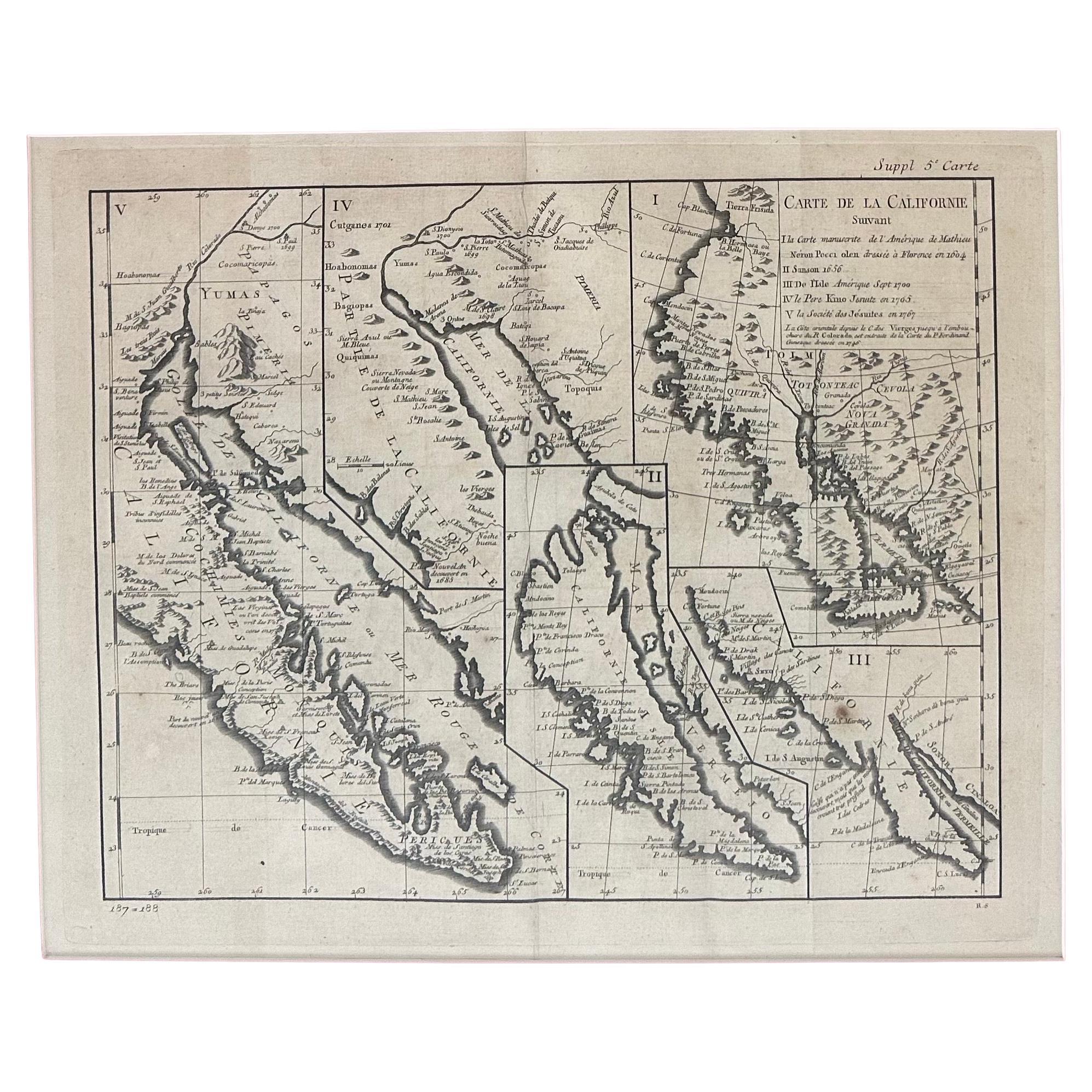 Carte ancienne de la Californie en tant qu'île "Les 5 Californies" par Robert The Vaugondy en vente