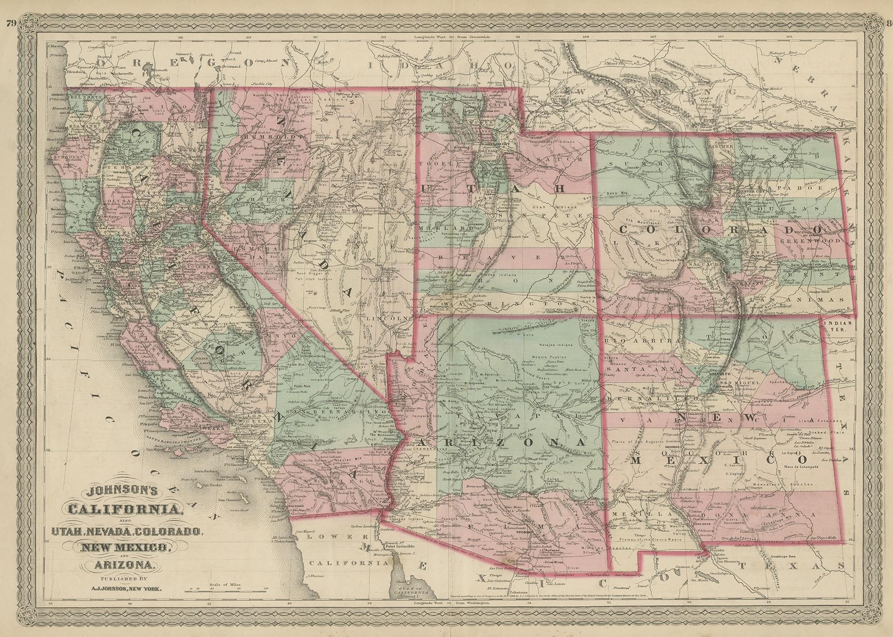 Antique map titled 'Johnson's California (..)'. Original map of California, Utah, Nevada, Colorado, New Mexico and Arizona. This map originates from 'Johnson's New Illustrated Family Atlas of the World' by A.J. Johnson. Published 1872.