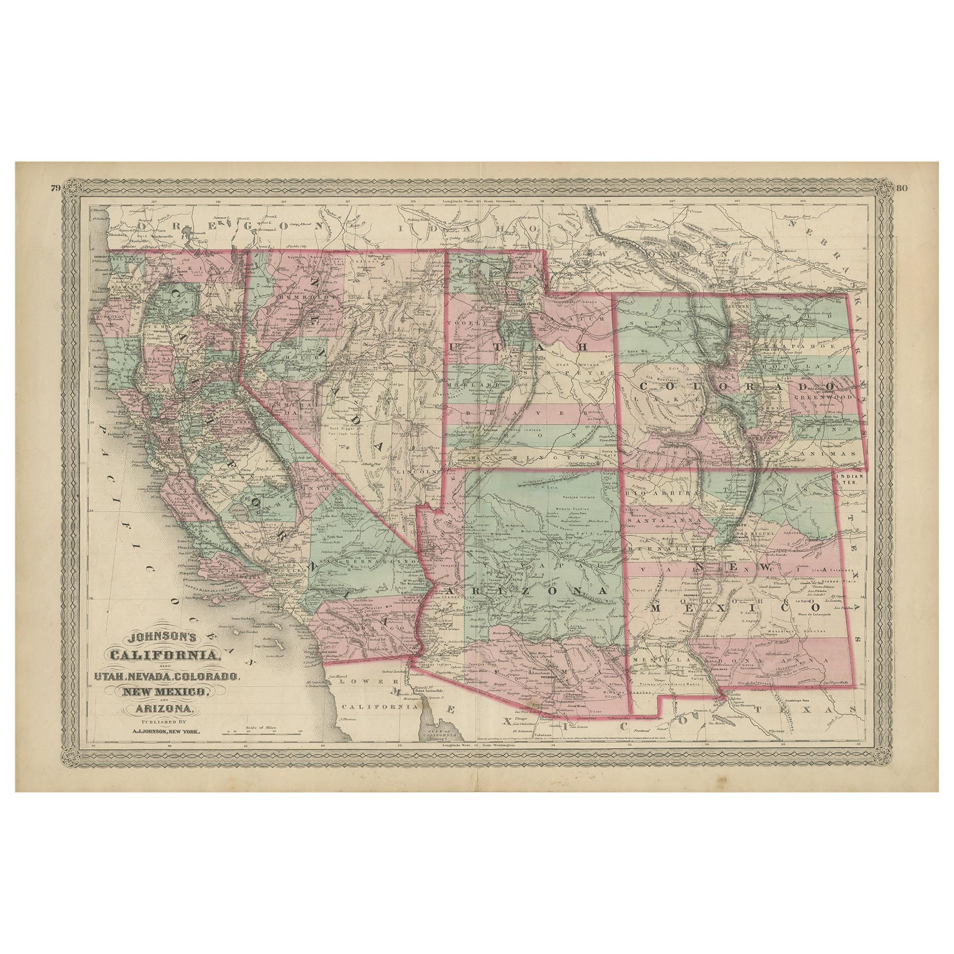 Carte ancienne de Californie, de l'Utah, du Nevada, du Colorado, du Nouveau-Mexique et de l'Arizona '1872' en vente