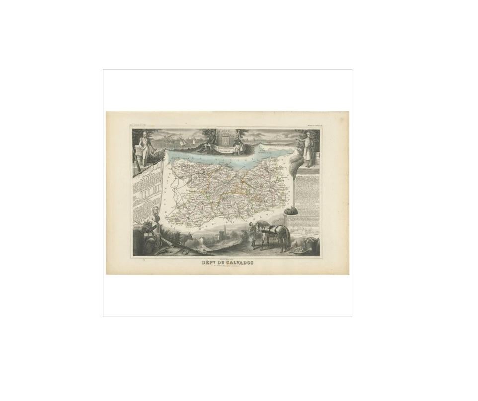 Antique map titled 'Dépt. du Calvados'. Map of the French department of Calvados, France. This area of France is known for its production of Calvados, the world's fines apple brandy. The whole is surrounded by elaborate decorative engravings