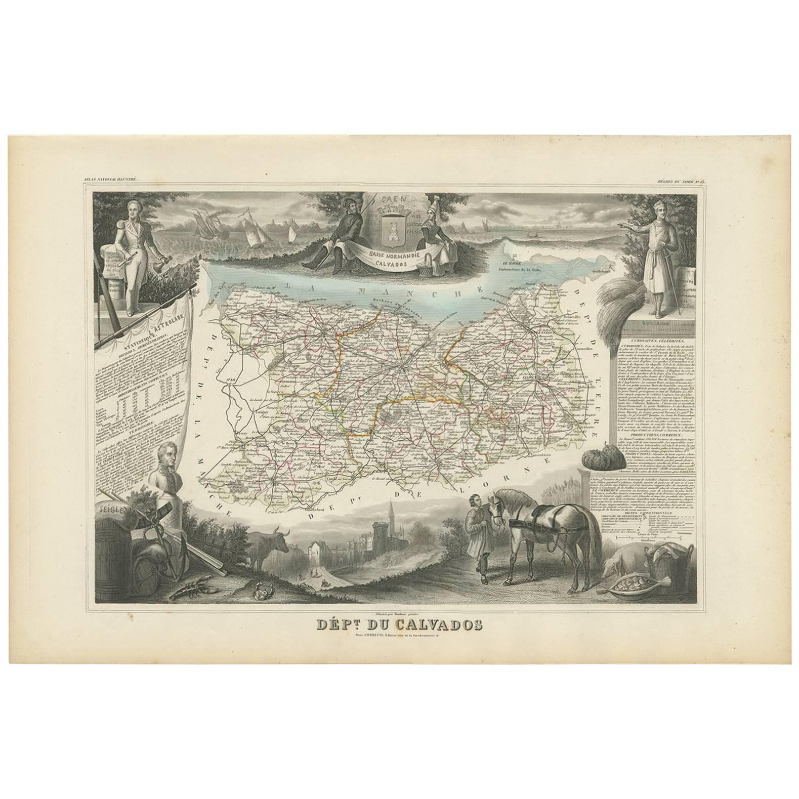 Antique Map of Calvados ‘France’ by V. Levasseur, 1854 For Sale