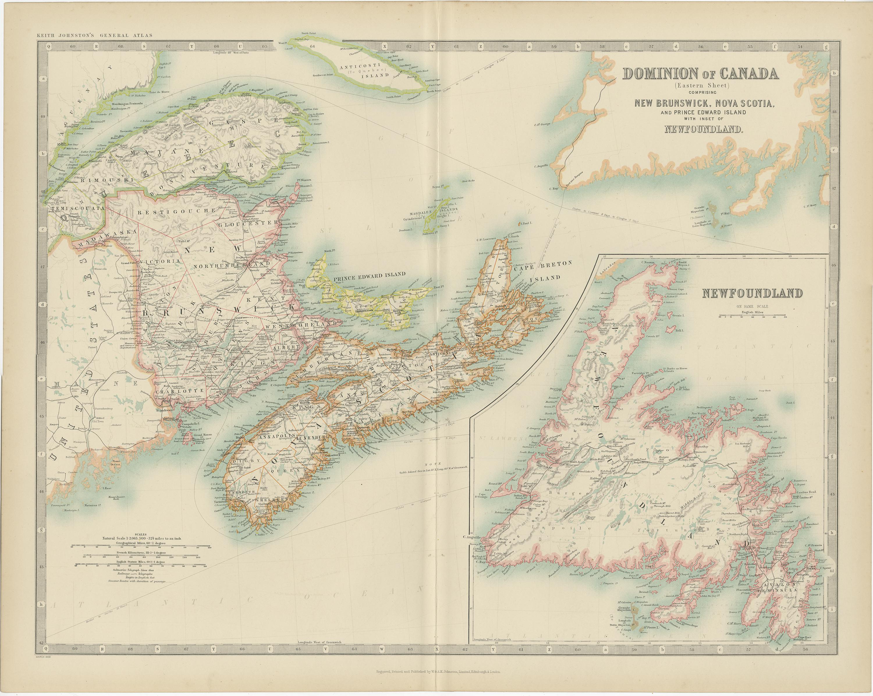 Antique map titled 'Dominion of Canada'. Original antique map of Canada. With inset map of Newfoundland. This map originates from the ‘Royal Atlas of Modern Geography’. Published by W. & A.K. Johnston, 1909.