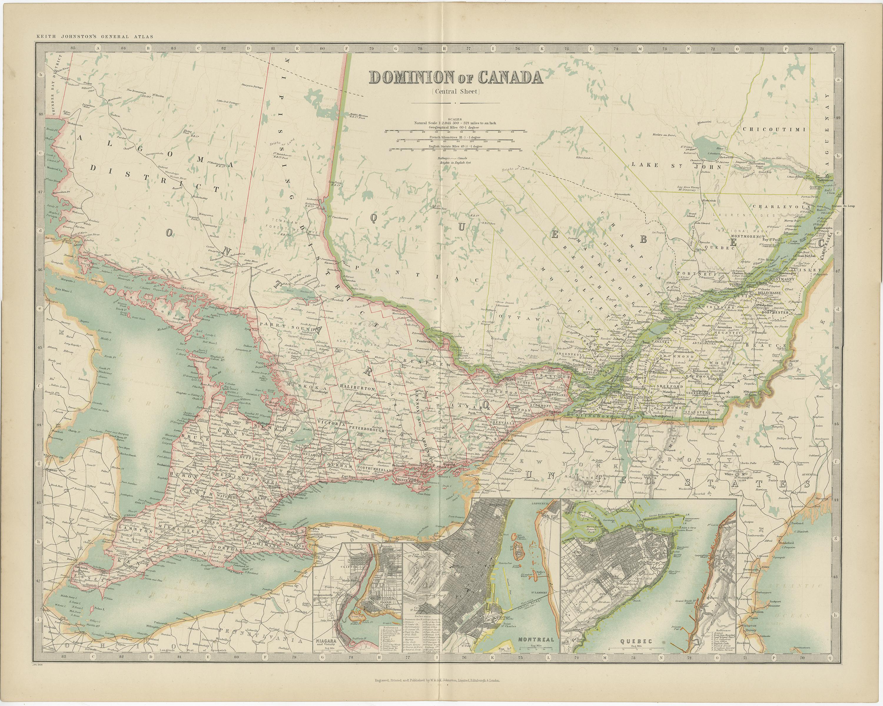 Carte ancienne du Canada par Johnston '1909' Bon état - En vente à Langweer, NL