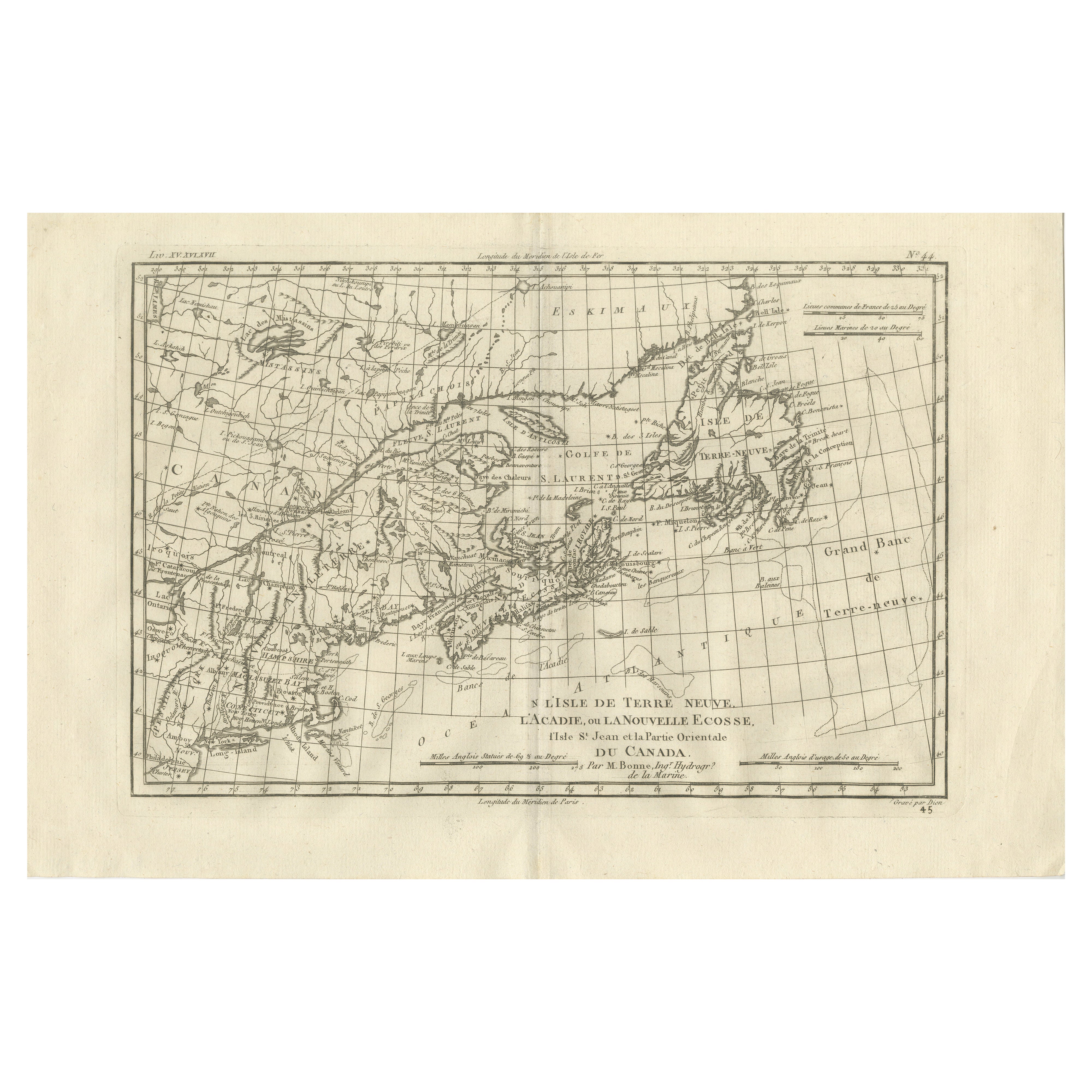 Antique Map of Canada, Newfoundland & Acadia — Gulf of St Lawrence, Bonne c.1780