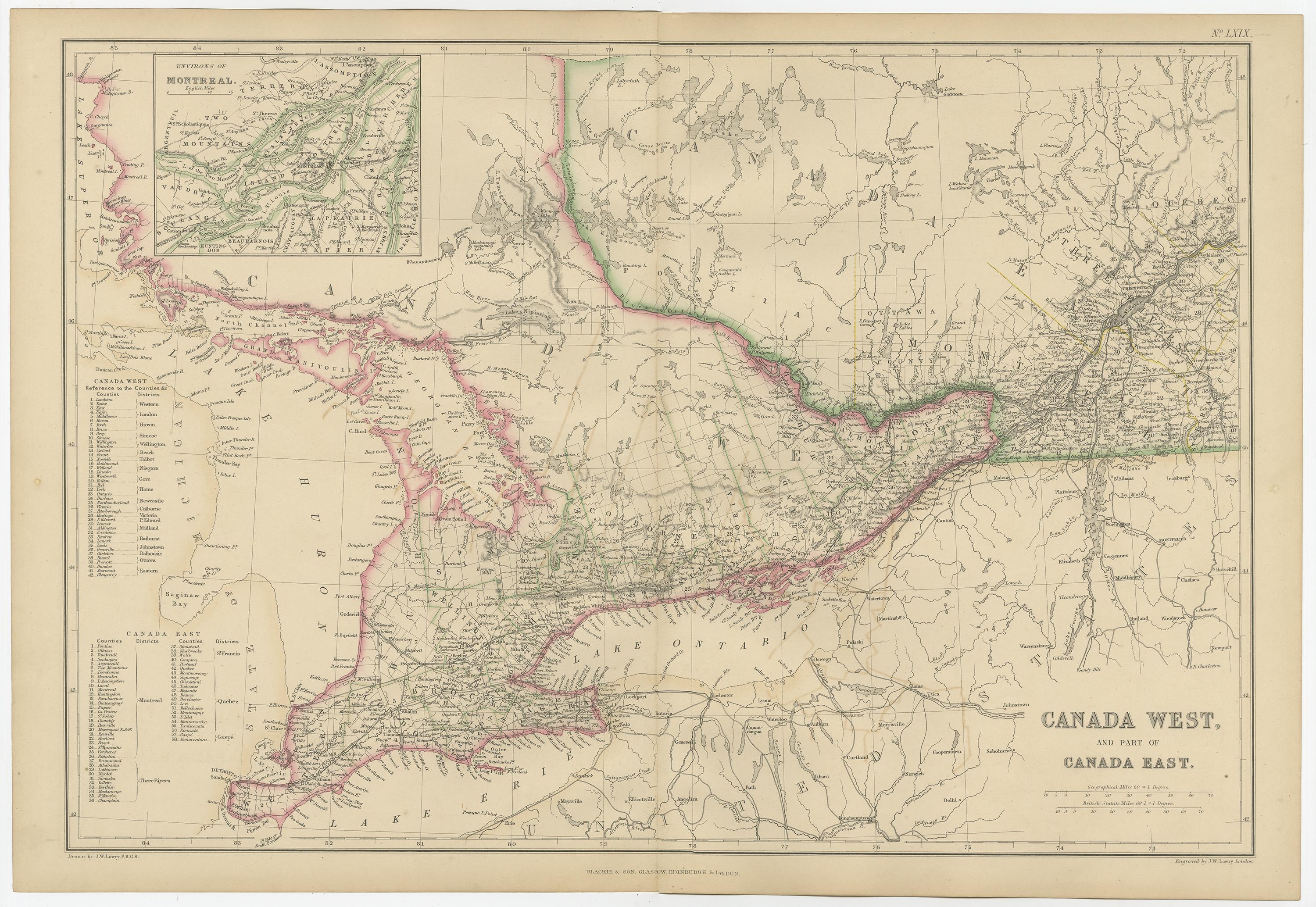 Antique map titled 'Canada West and Part of Canada East'. Original antique map of Canada West and Part of Canada East with inset map of Montreal. This map originates from ‘The Imperial Atlas of Modern Geography’. Published by W. G. Blackie, 1859.