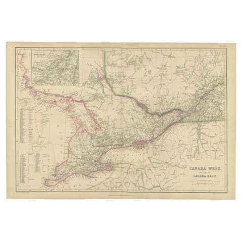 Canada West and Part of Canada East, Antique Map, Great Lakes Region, 1859