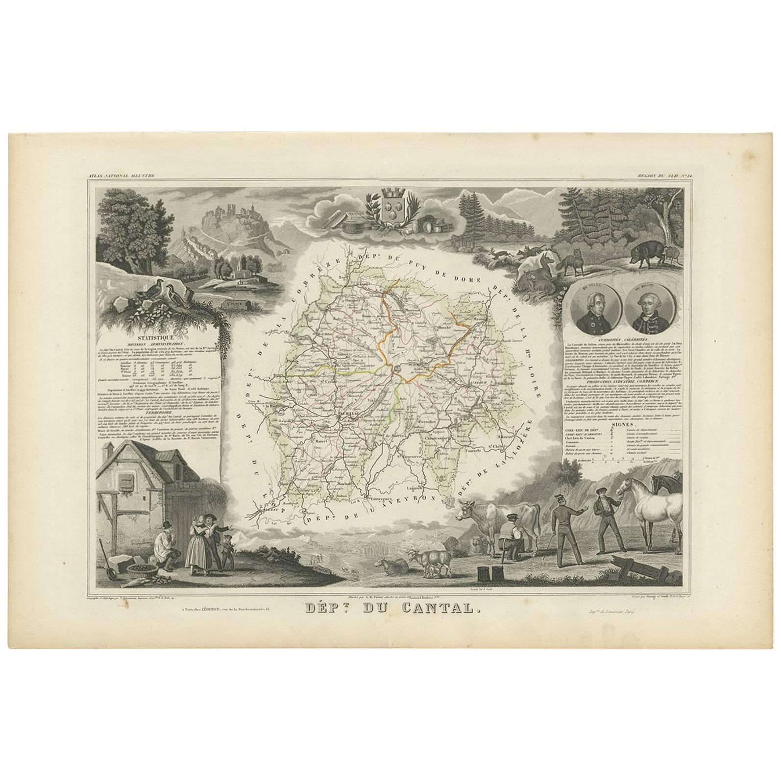 Antique Map of Cantal ‘France’ by V. Levasseur, 1854