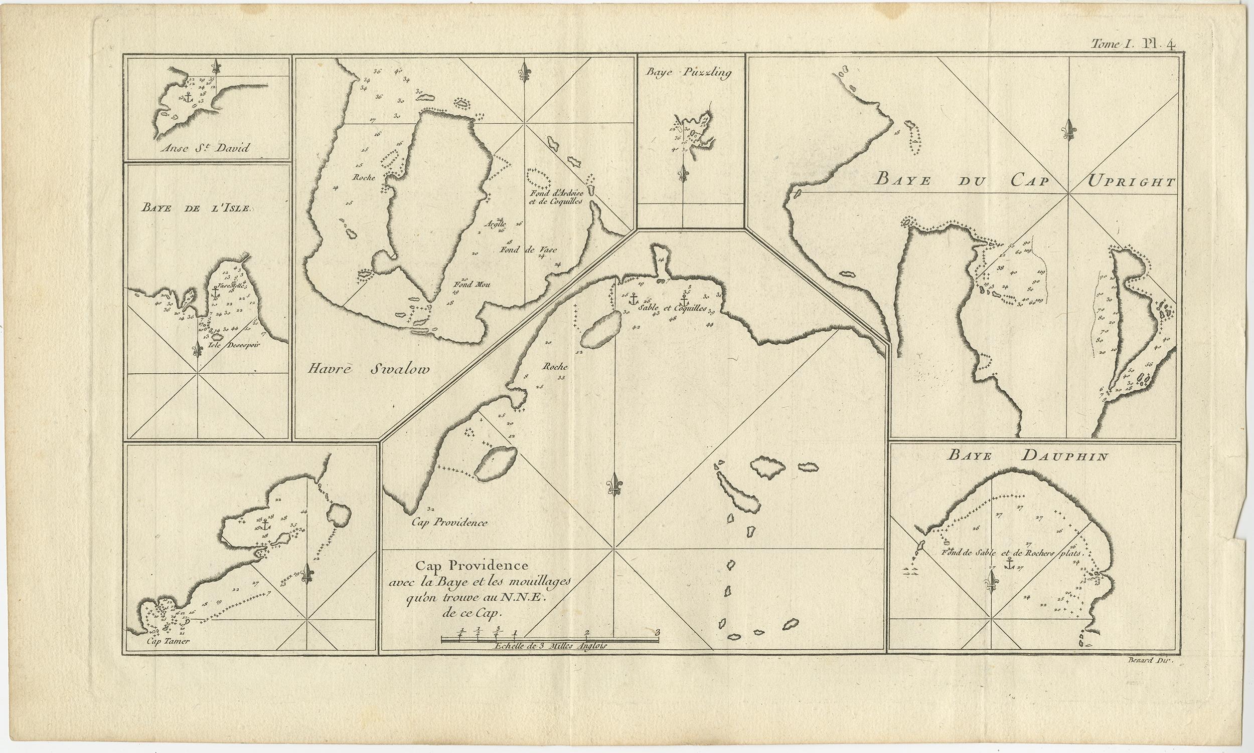 Antique map titled 'Baye du Cap Upright (..)'. Eight charts on one sheet of Cap Providence, St. David's Cove, the Bay of the Island, Swallow's Haven, Puzzling Bay, Baye du Cape Upright 's Bay, Dauphina's Bay. This map originates from the French
