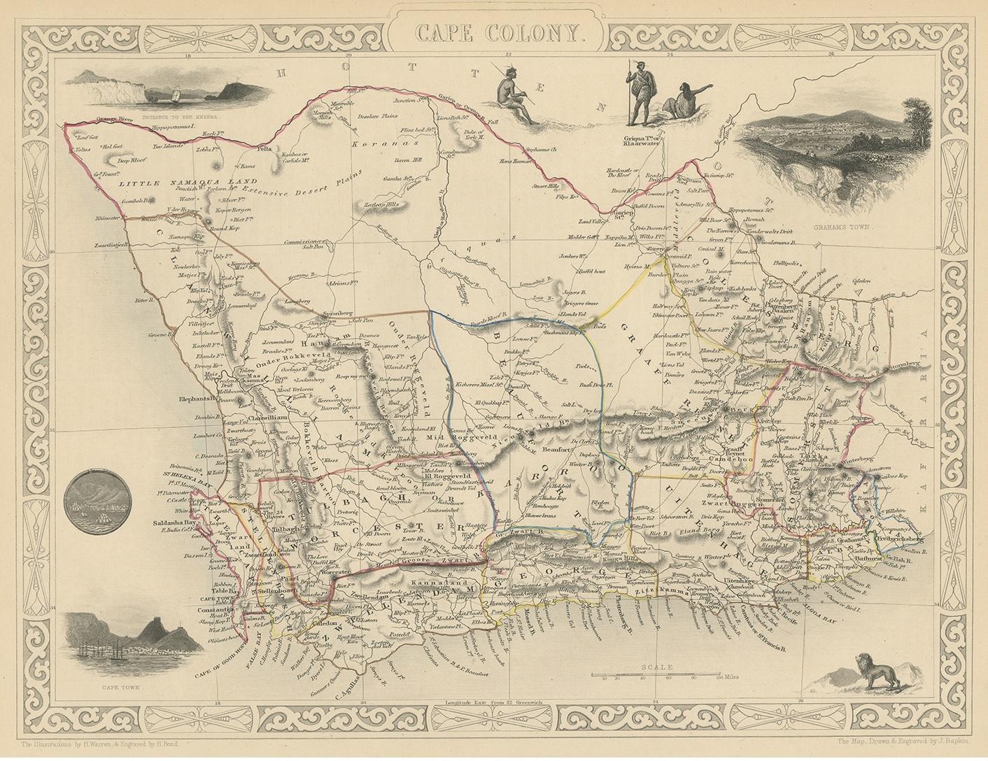 Antique map titled 'Cape Colony'. Decorative map of Cape Colony, South Africa. With vignettes of the entrance to the Knysna, Graham Town and Cape Town. This map originates from the 'Illustrated World Atlas'.