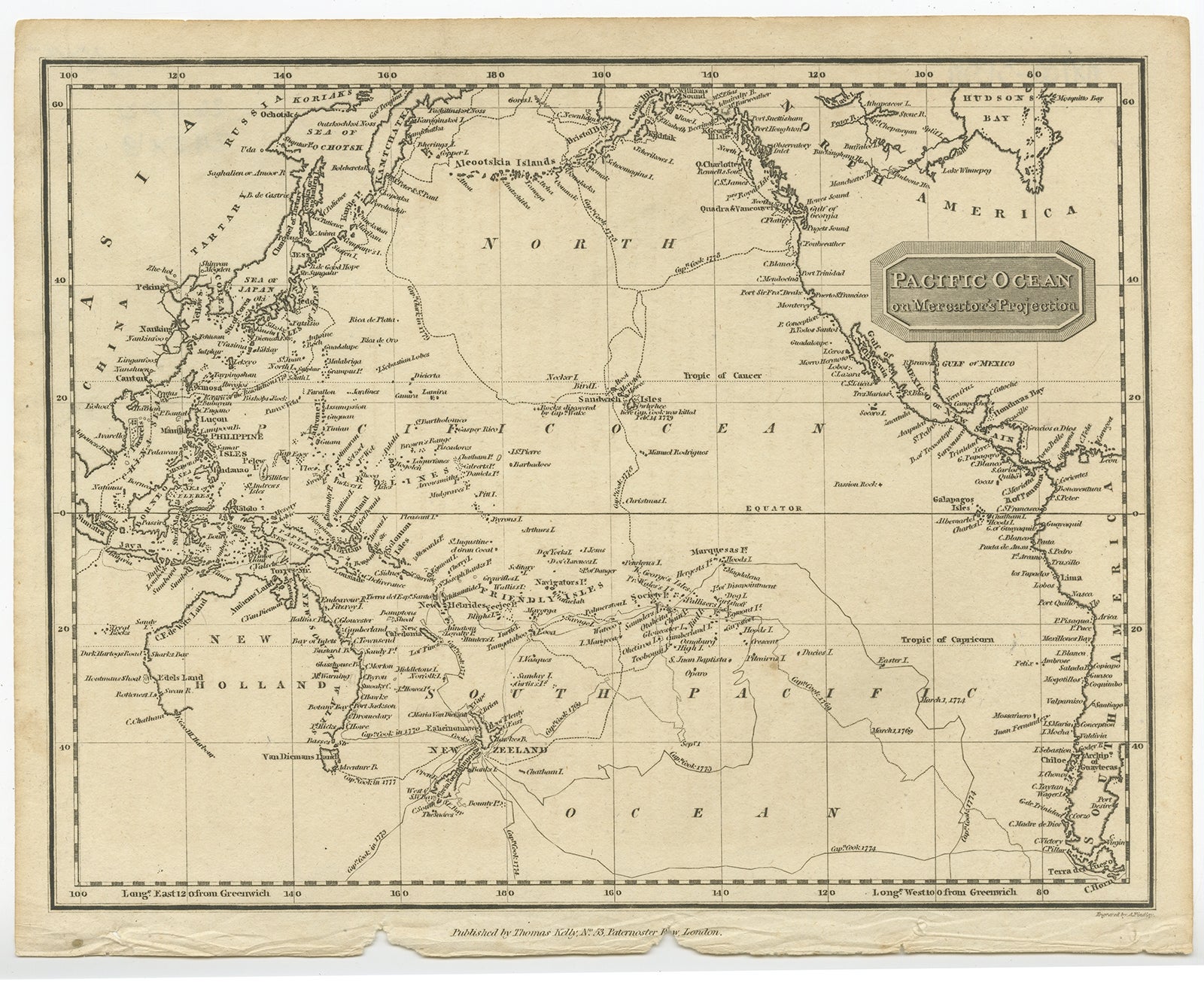 Antique map titled 'Pacific Ocean on Mercator's Projection'. Old map showing Captain Cook's voyages between 1769 and 1779. The southern part of Australia is not shown on this map. Originates from 'A New And Complete System Of Universal Geography