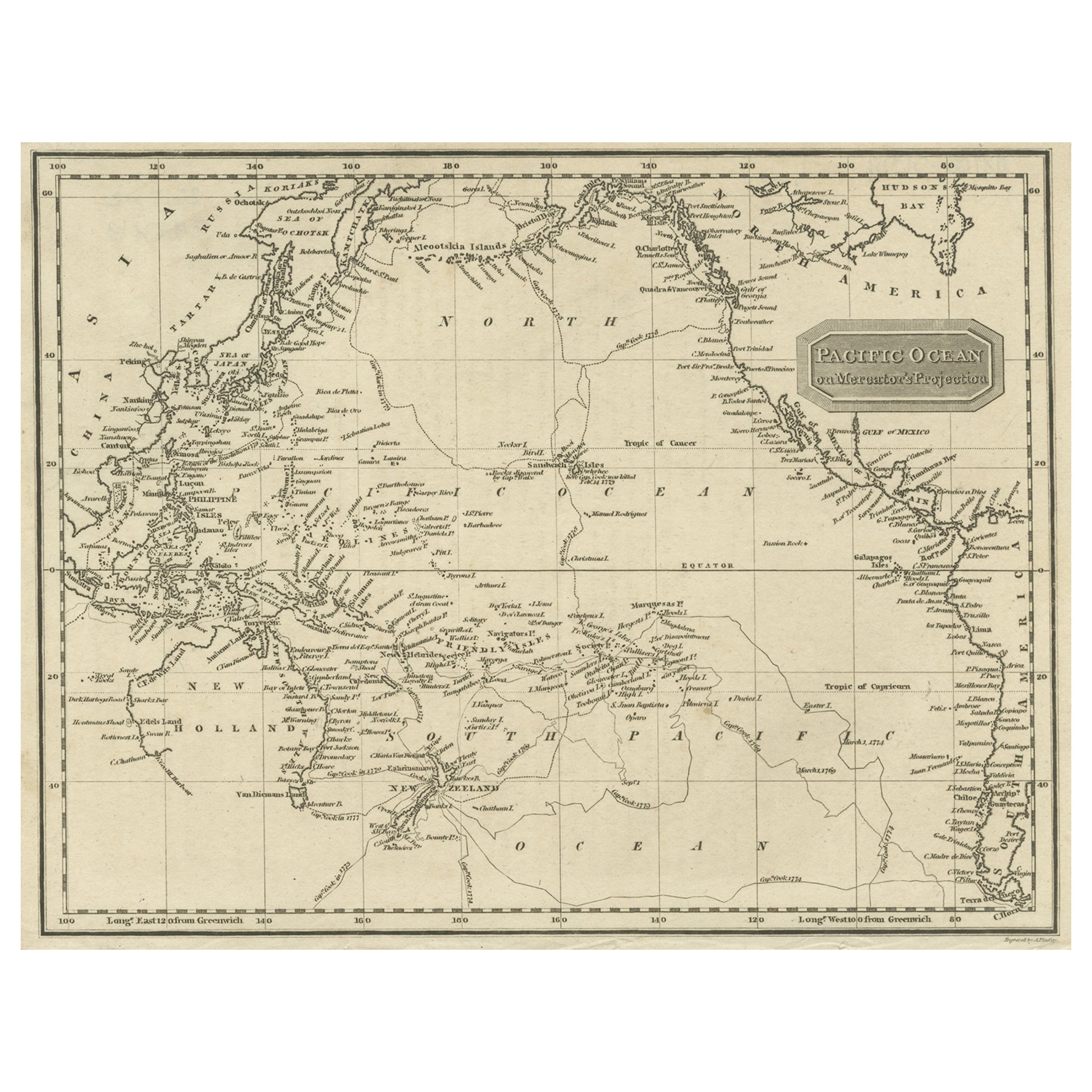 Carte ancienne des voyages du capitaine Cook, 1824