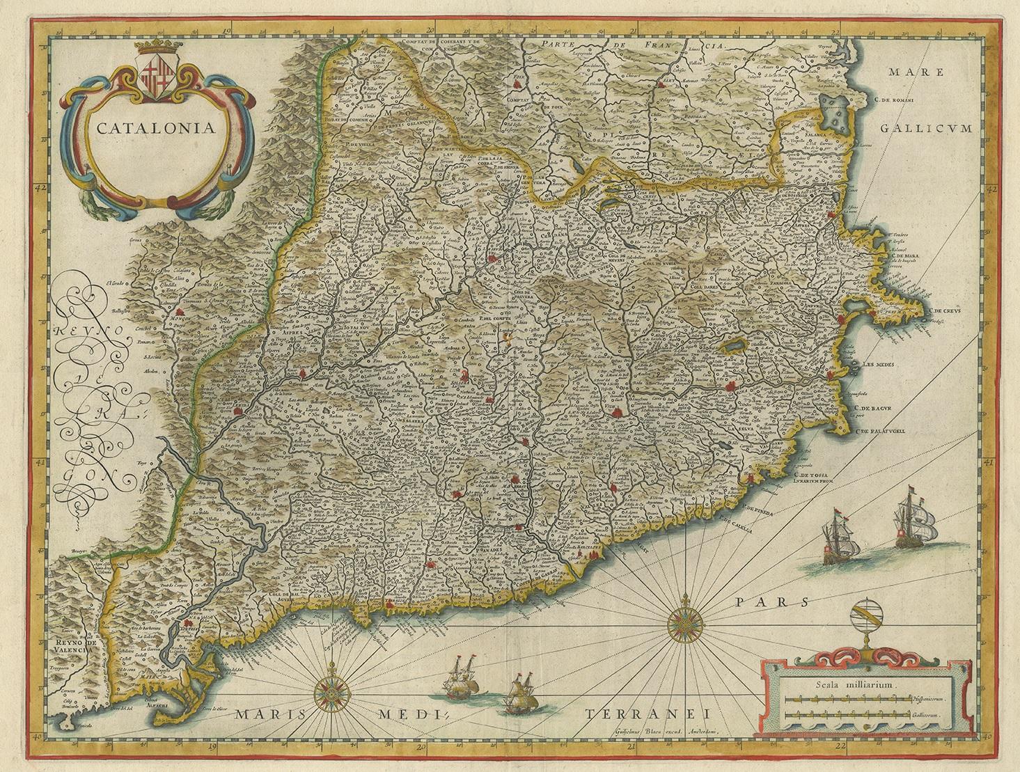 Antique map titled 'Catalonia'. Antique map of Catalonia, extending from C. De Romani on the Northern Coast to Alfachs and Panicola in Valencia on the southern end of the coast and showing the entirety of Catalonia in tremendous detail. Published by