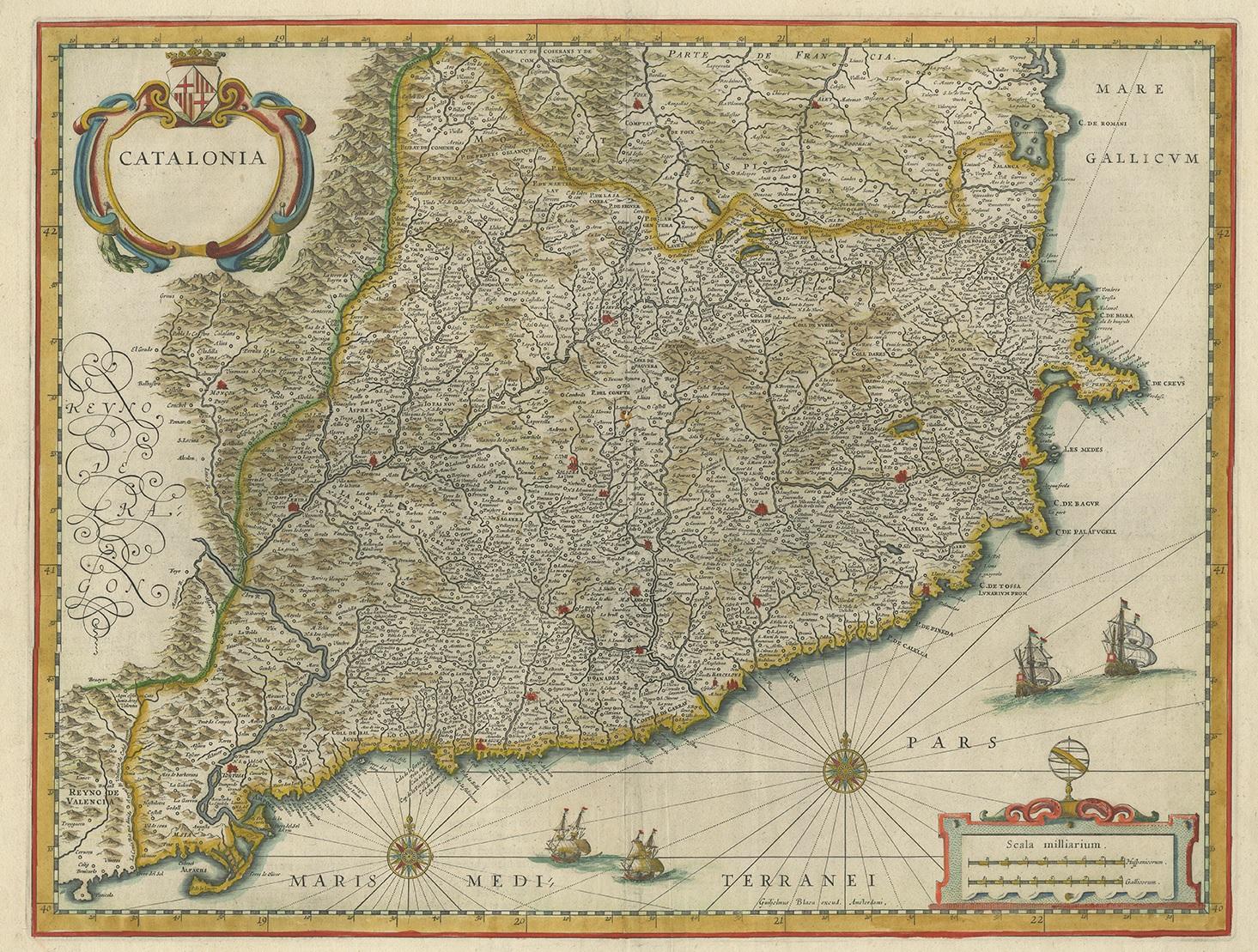 Antike Karte mit dem Titel 'Katalonien'. Antike Karte von Katalonien, die sich von C. De Romani an der Nordküste bis nach Alfachs und Panicola in Valencia am südlichen Ende der Küste erstreckt und ganz Katalonien in großer Detailfülle zeigt.