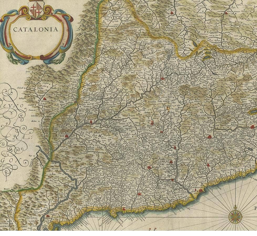 Antique Map of Catalonia by Blaeu, circa 1650