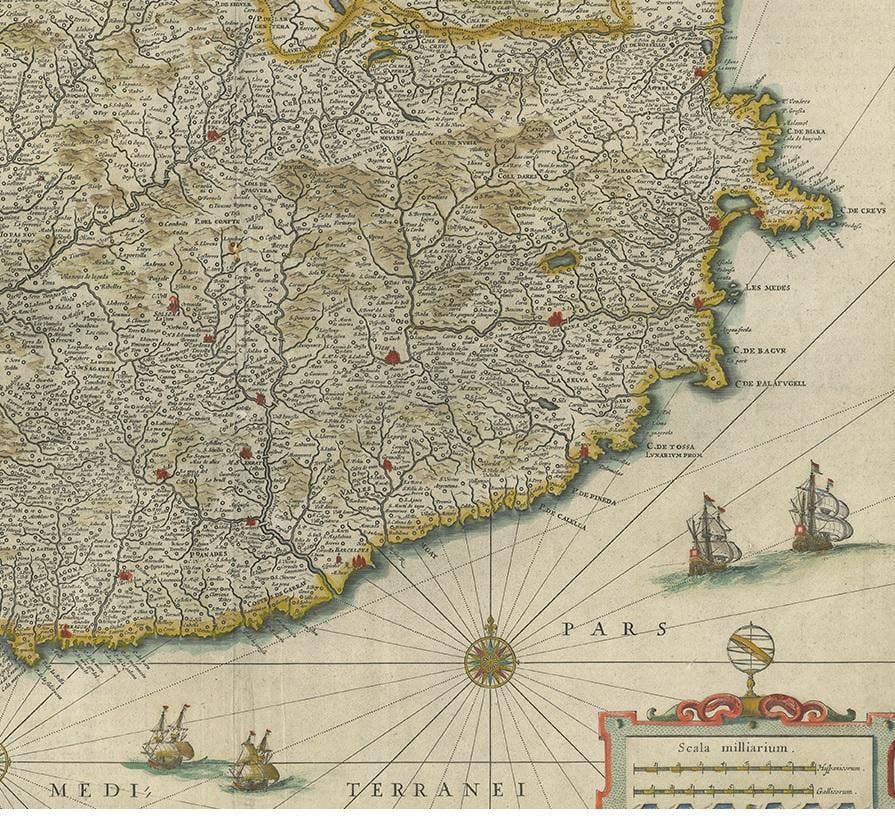 Antique Map of Catalonia by Blaeu, circa 1650