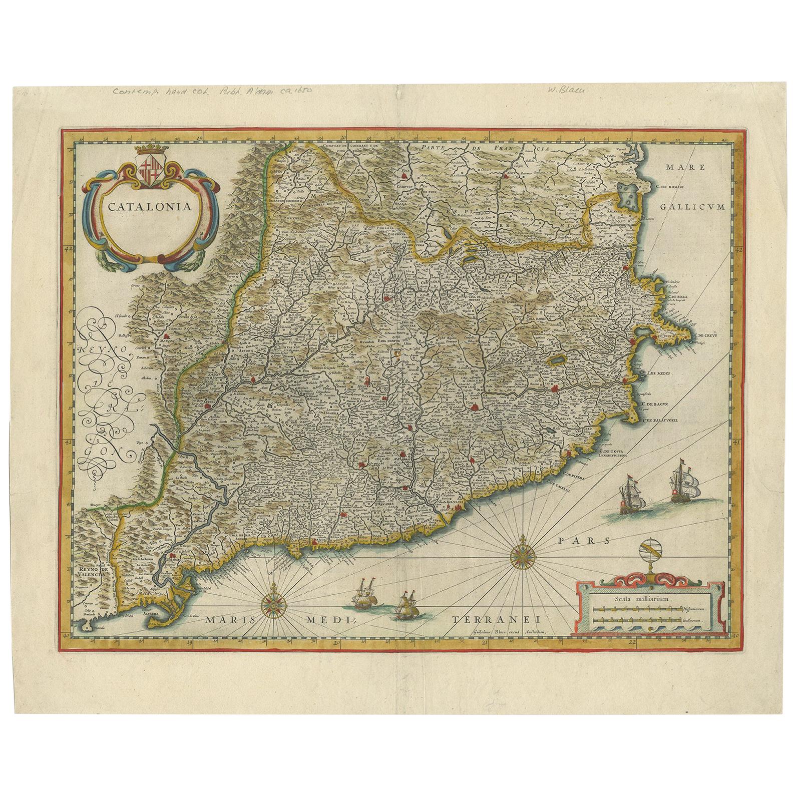 Antique Map of Catalonia by Blaeu, circa 1650 For Sale