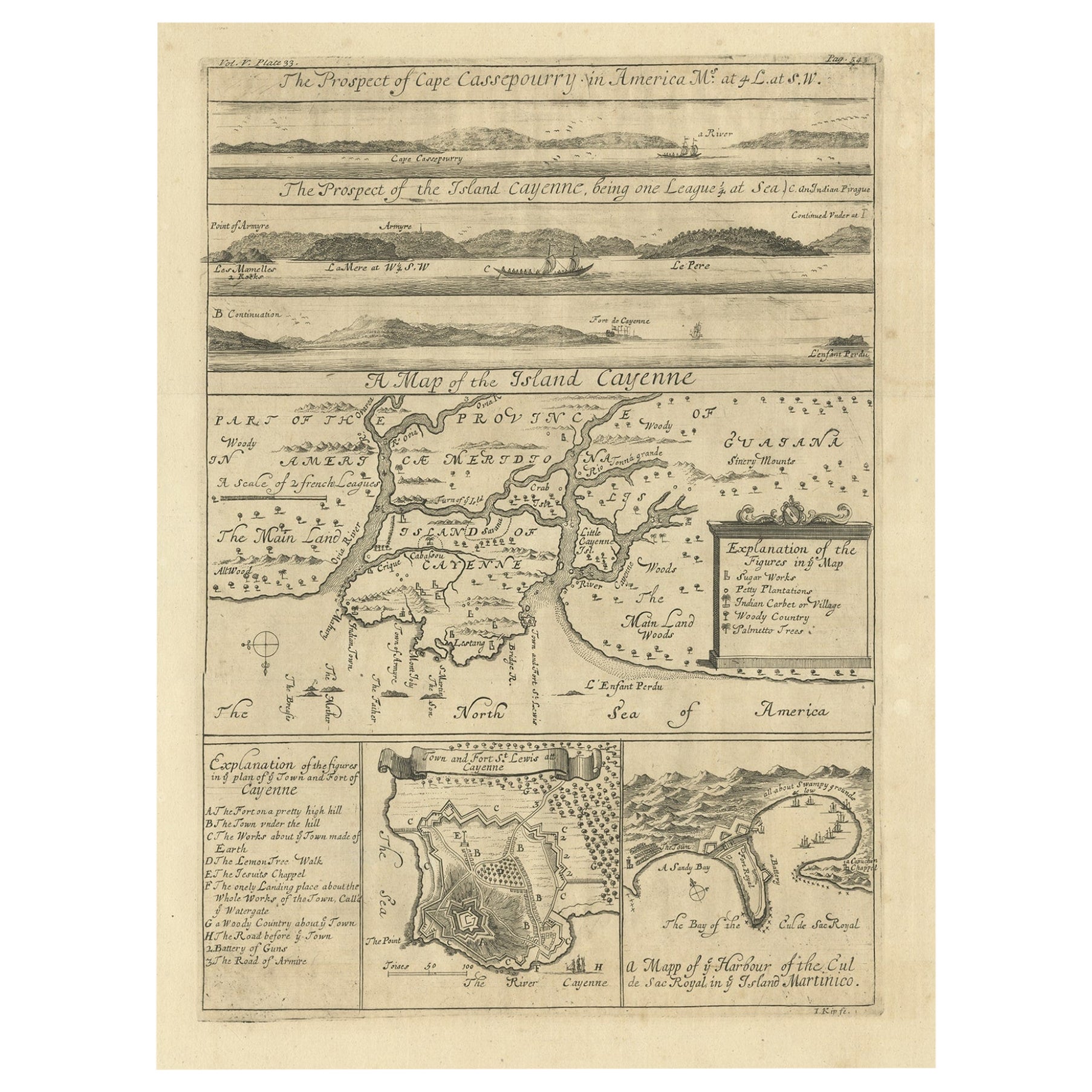 Mappa antica di Caienna e Cassepouri, Guinea francese, Sud America, 1730 ca.