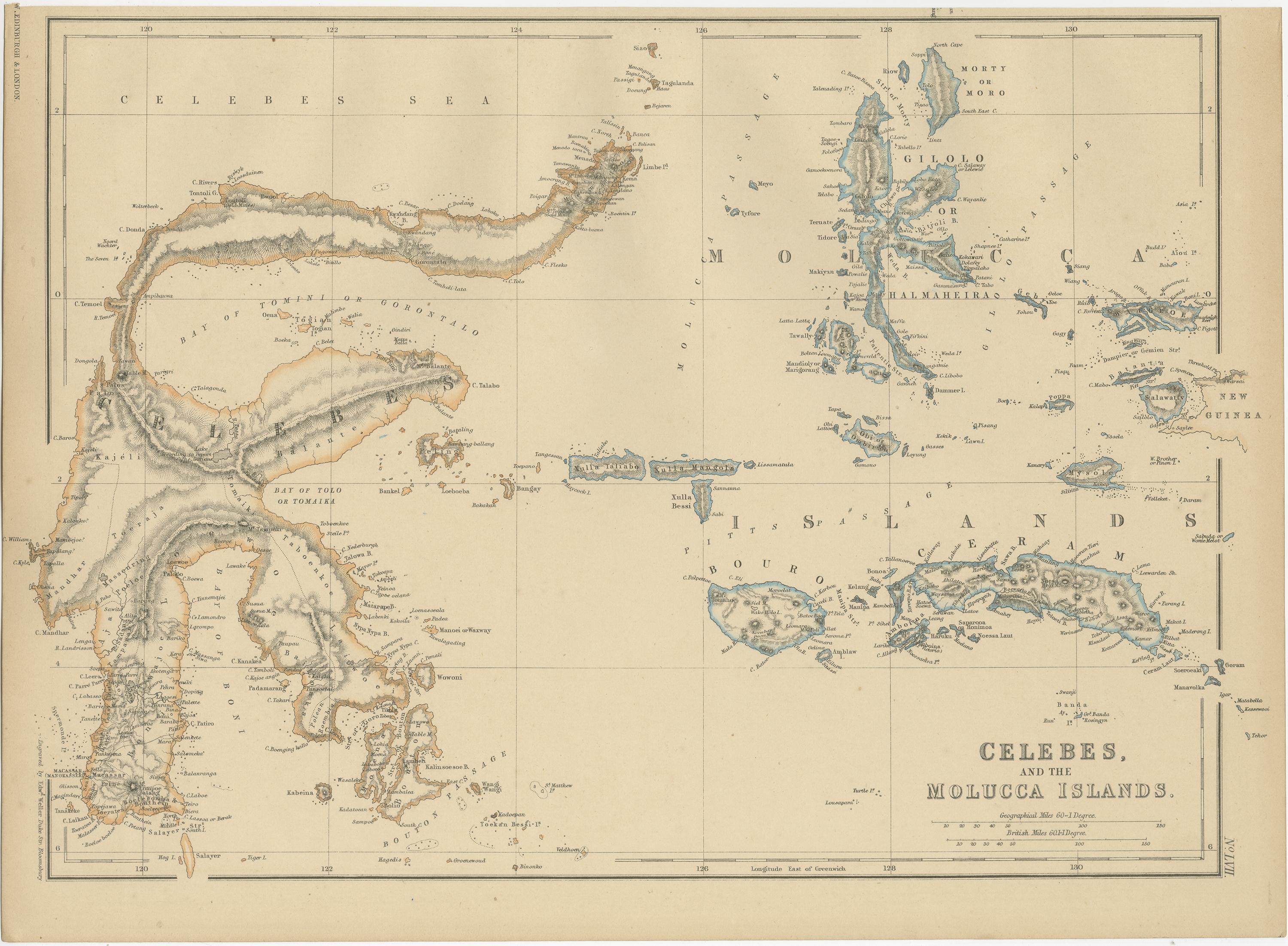 Antique map titled 'Celebes and The Molucca Islands '. Original antique map of Celebes and the Maluku Islands (Moluccas). This map originates from ‘The Imperial Atlas of Modern Geography’. Published by W. G. Blackie, 1859.