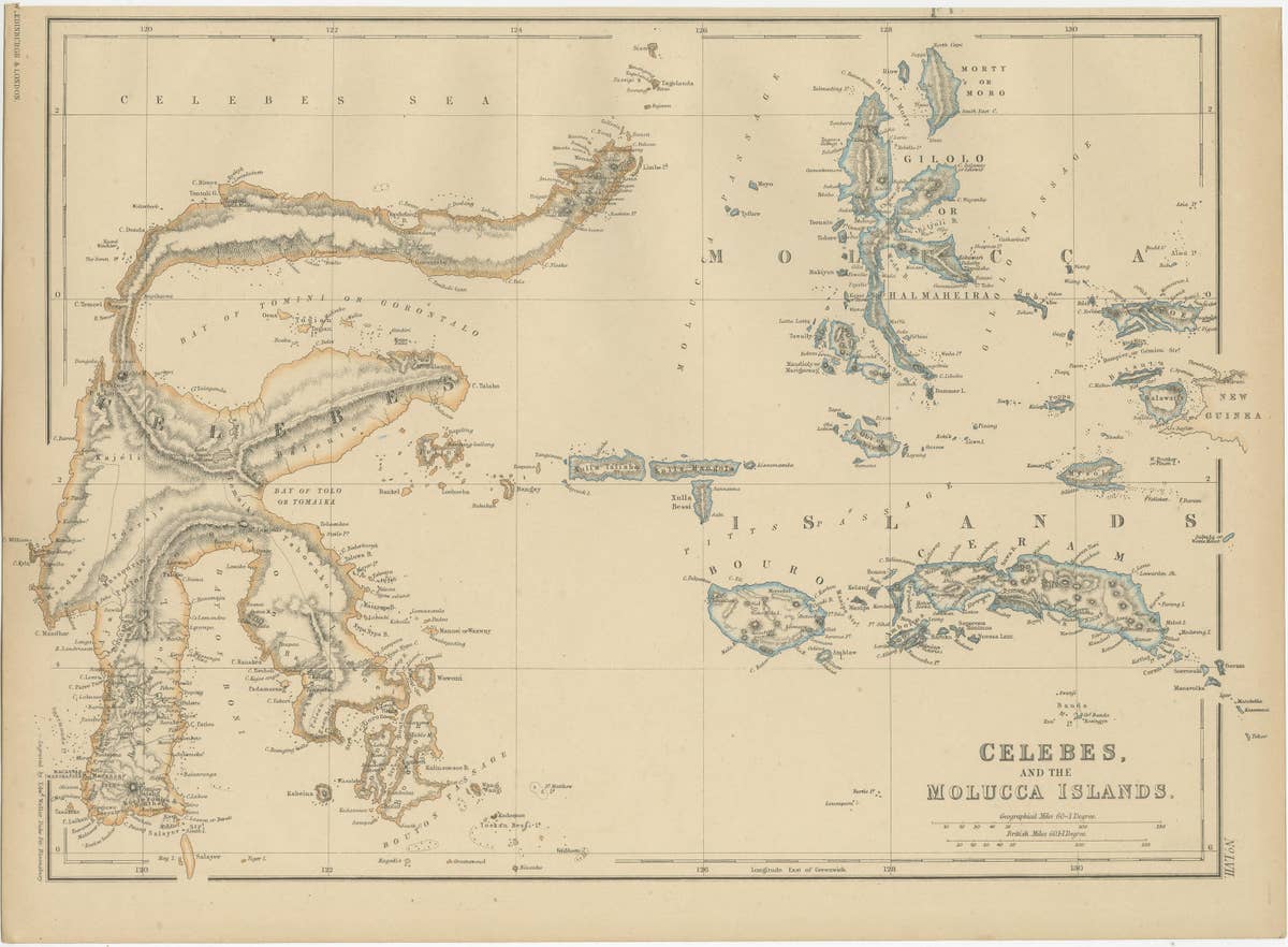 Antique Map of Celebes and the Maluku Islands by W. G. Blackie, 1859