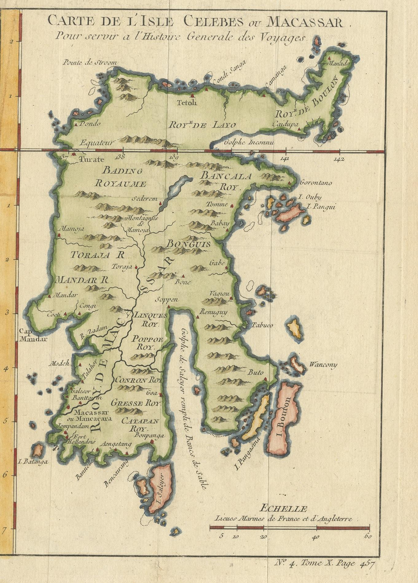 Antike Karte mit dem Titel 'Carte de l'Isle Celebes ou Macassar'. Karte von Celebes (Sulawesi, Indonesien) mit Makassar, der wichtigsten Handelsstadt Ostindonesiens im sechzehnten Jahrhundert. Makassar handelte mit Gewürzen, Perlen, Gold und Kupfer,