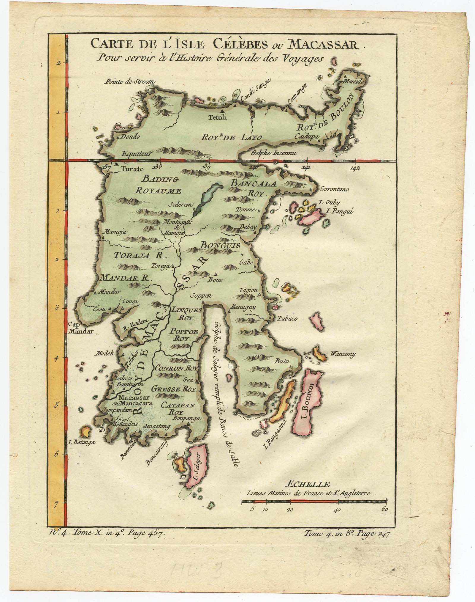 Antike Karte mit dem Titel 'Carte De L'Isle Celebes ou Macassar'. Detaillierte Kupferstichkarte von Celebes (Sulawesi, Indonesien) mit Makassar, der wichtigsten Handelsstadt Ostindonesiens im sechzehnten Jahrhundert. Makassar handelte mit Gewürzen,