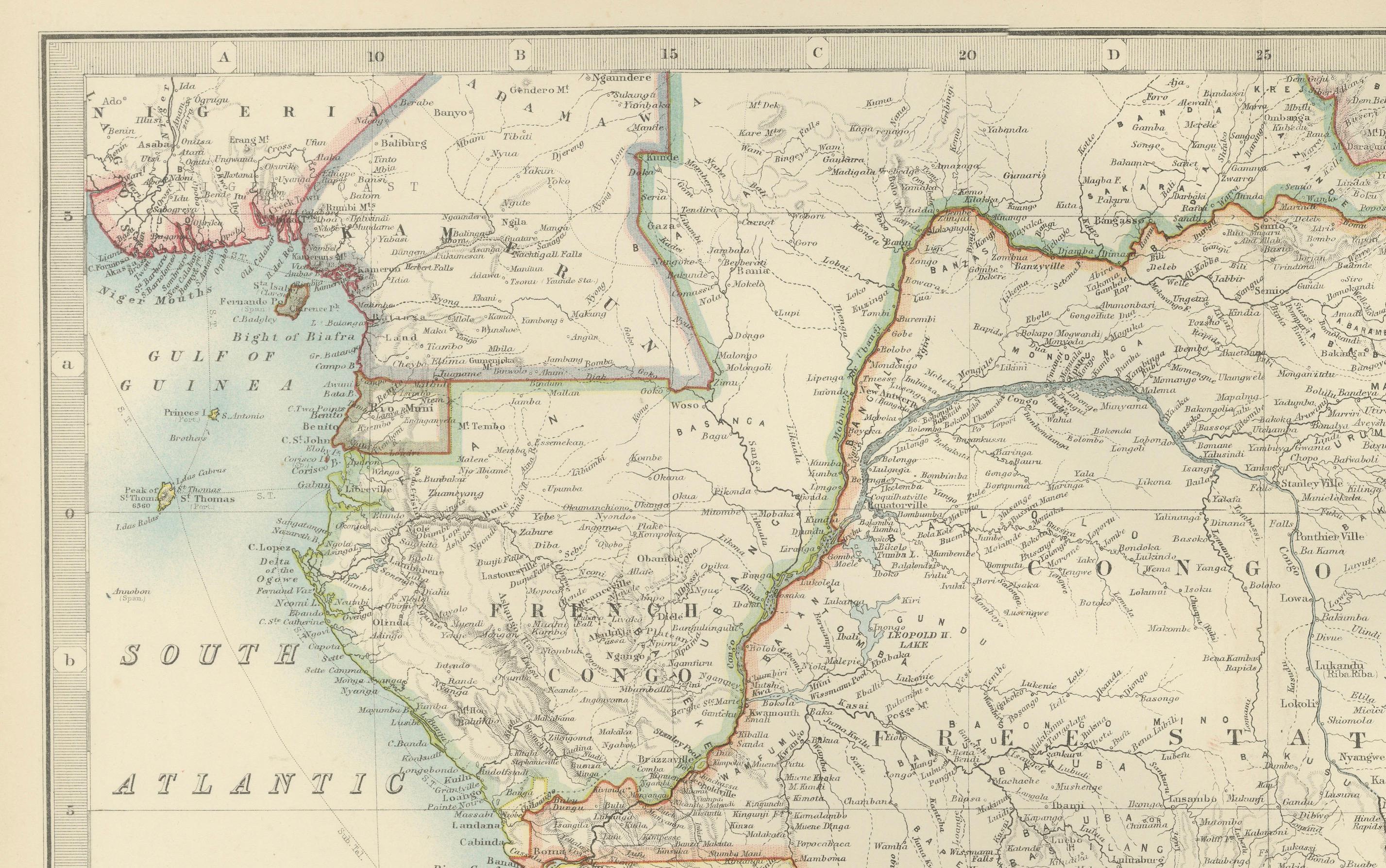 Carte ancienne de l'Afrique centrale, 1903, avec les territoires coloniaux  Itinéraires d'exploration Bon état - En vente à Langweer, NL