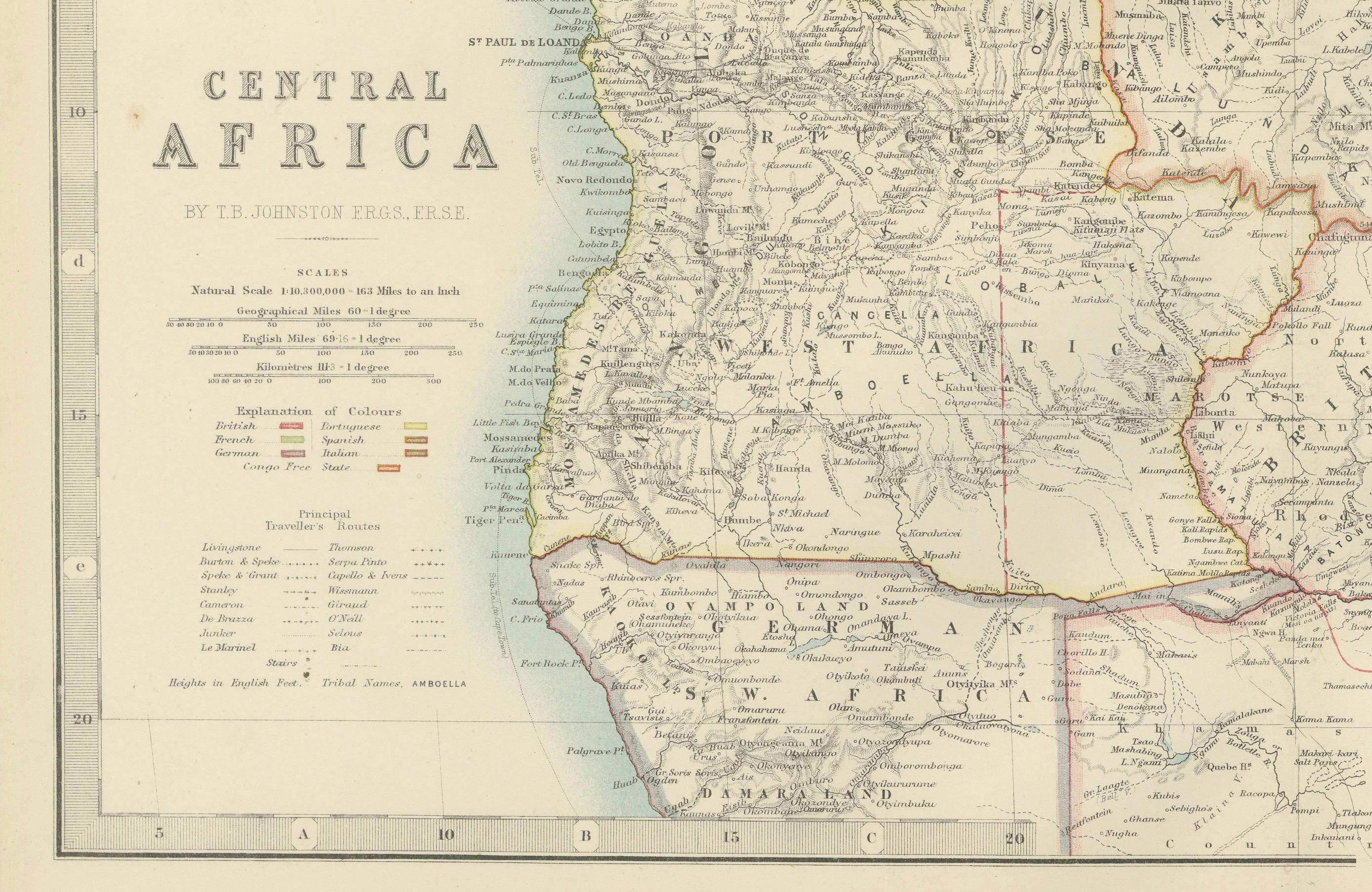 Papier Carte ancienne de l'Afrique centrale, 1903, avec les territoires coloniaux  Itinéraires d'exploration en vente