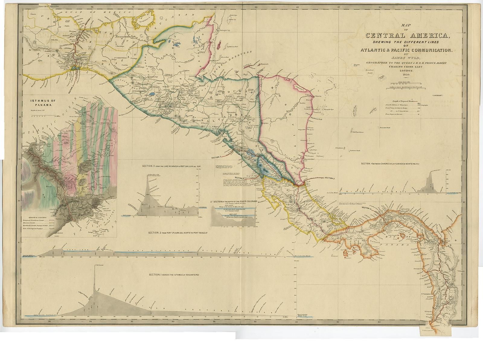 Papier Carte ancienne d'Amérique centrale montrant les lignes de communication, 1850 en vente